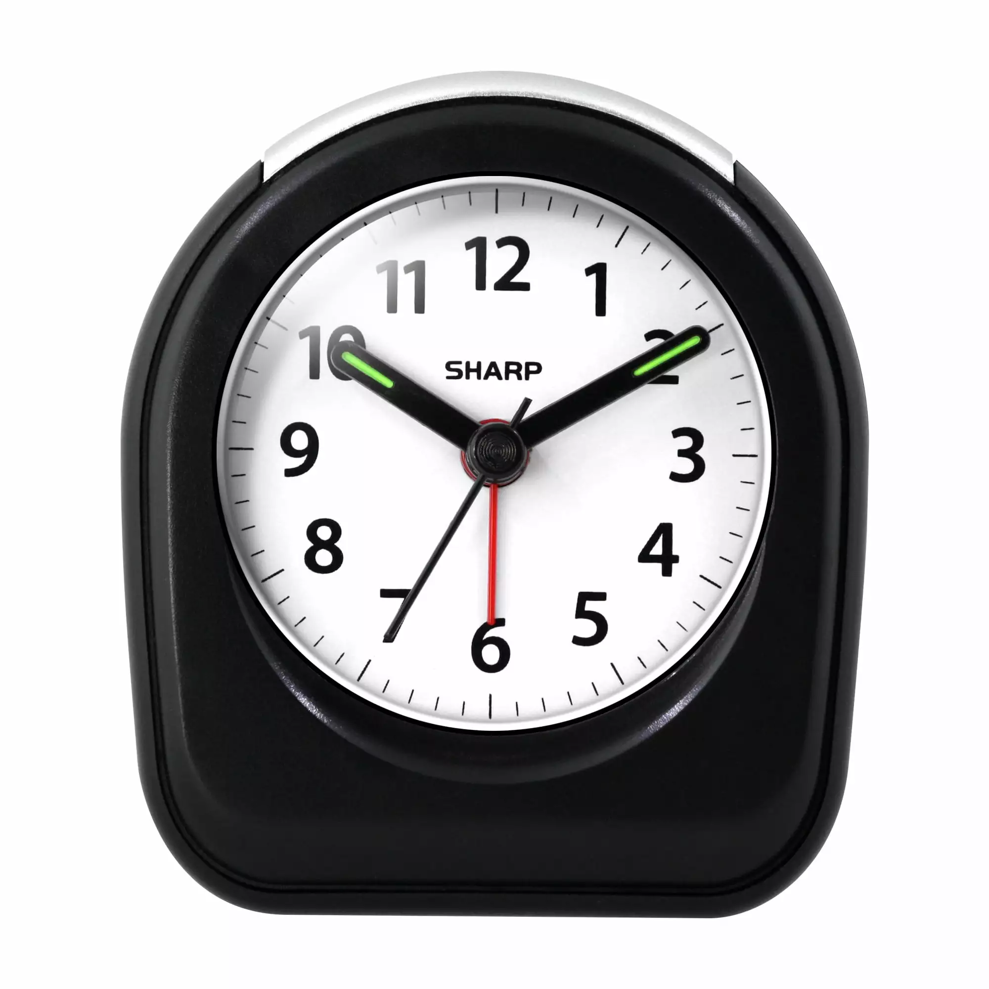 SHARP Quartz Analog Arch Alarm Clock. Black. Battery Operated. Small. Travel Clock