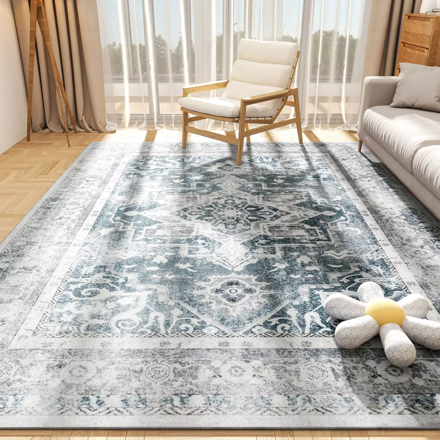 SIXHOME 5' x 7' Area Rug for Living Room Soft Carpet Vintage Medallion Washable Rugs Bedroom Indoor Floor Foldable Throws Rugs Distressed Blue and Cream