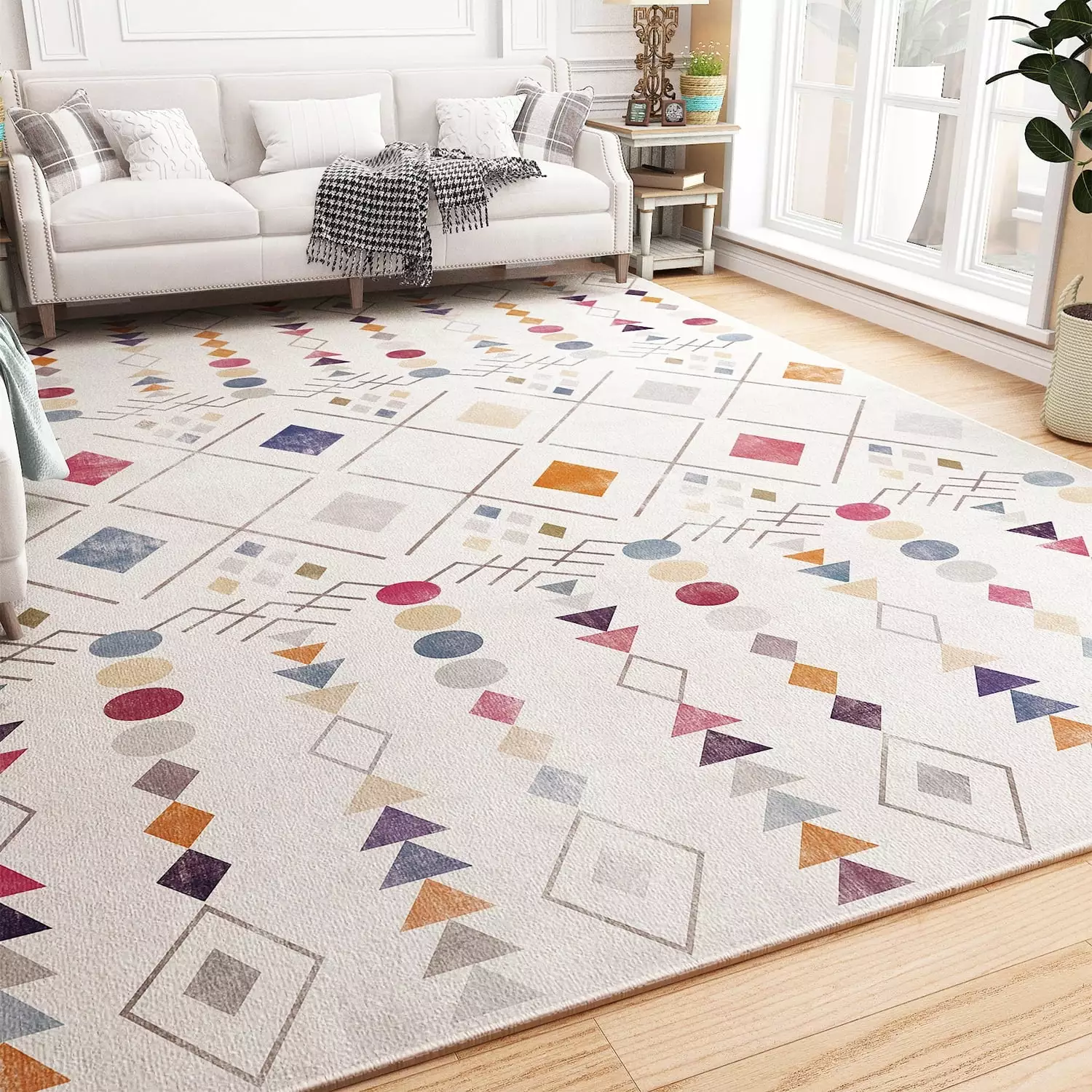 SIXHOME Boho 5x7 Area Rugs Living Room Washable Modern Indoor Carpets Non Slip Floor Rugs for Bedroom Geometric Rugs for Nursery Dorm Beige and Colorful