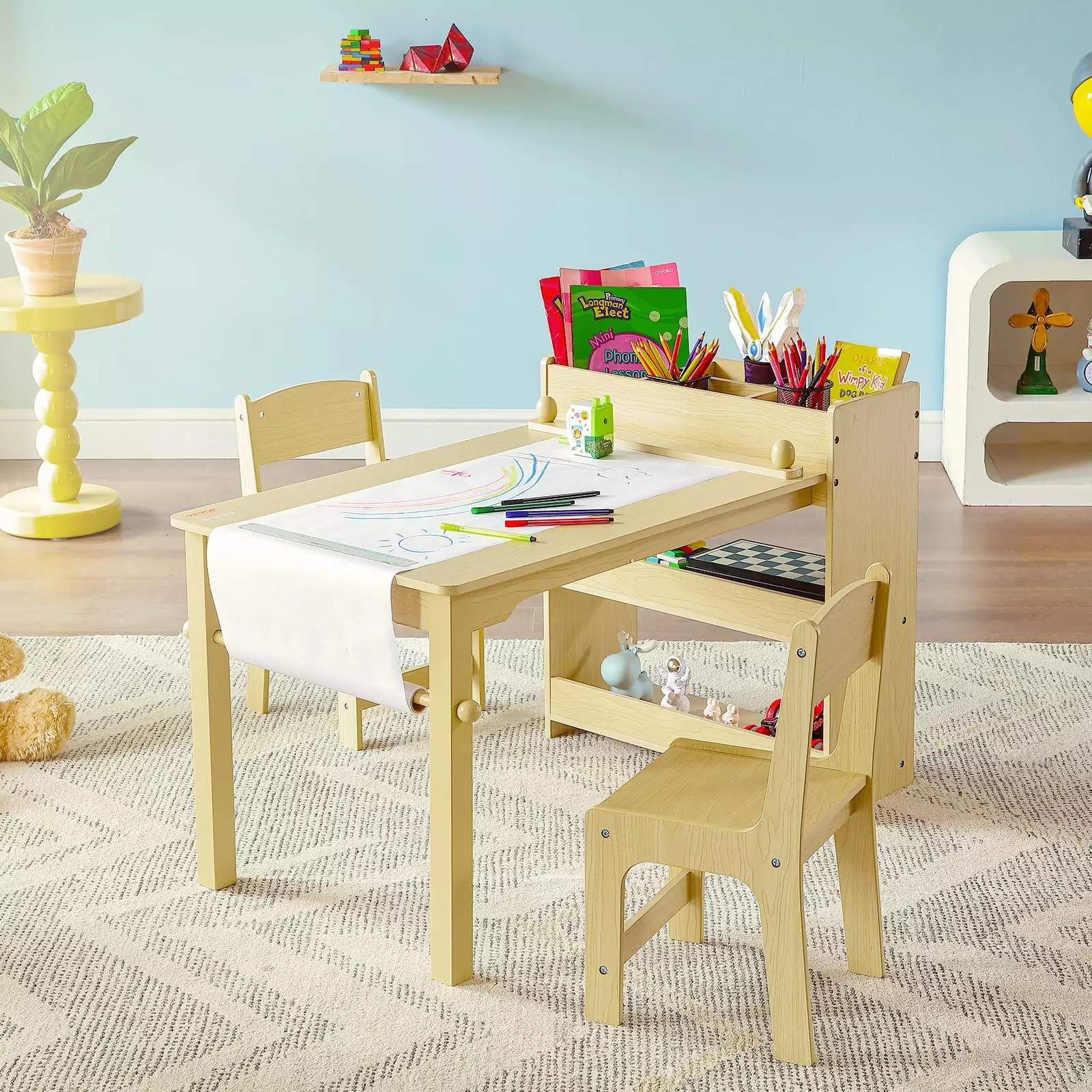 SKYSHALO 2-in-1 Kids Art Table and 2 Chairs Toddler Craft Set and Wooden Play Activity Drawing Table with A Cabinet Paper Roll Storage Bins