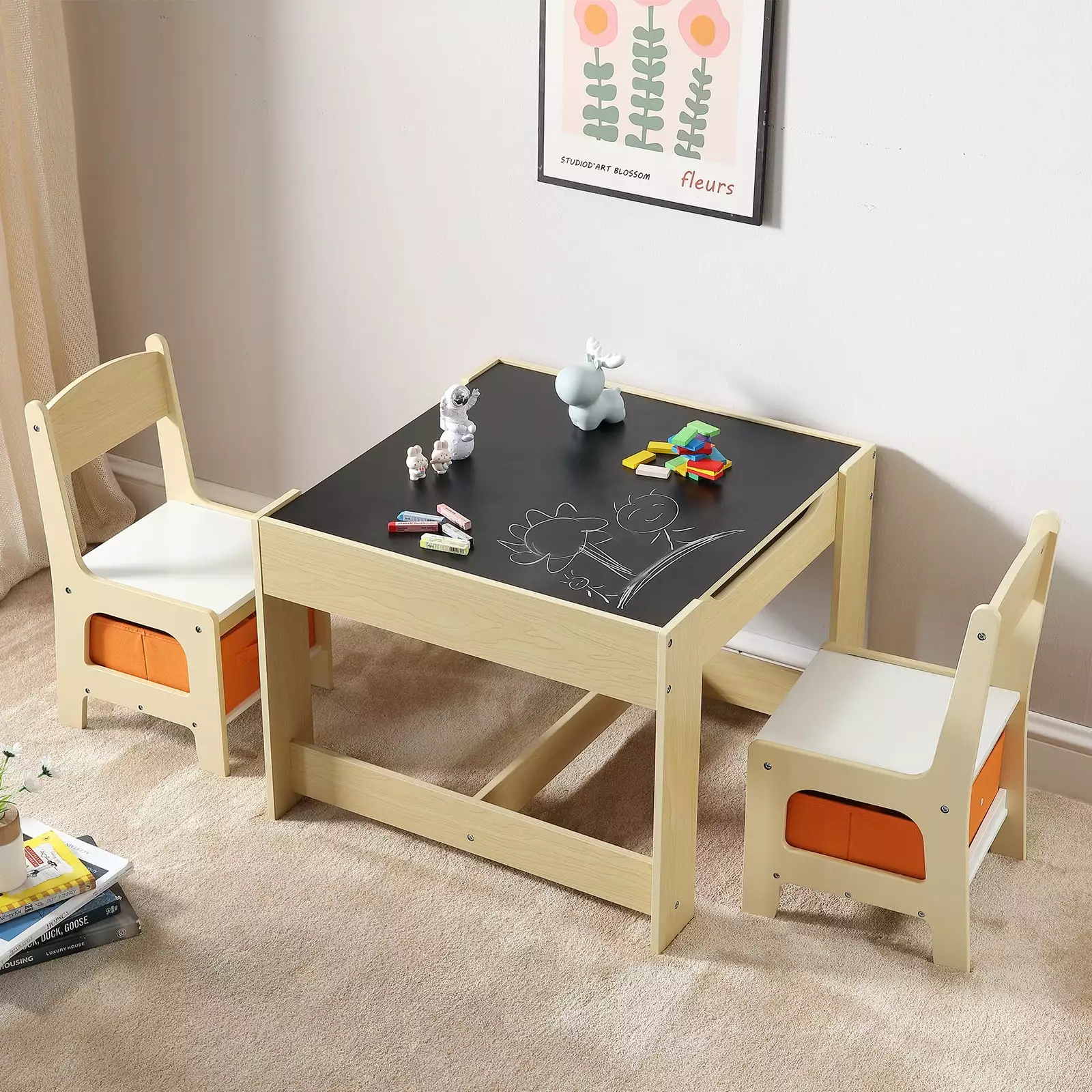 SKYSHALO Kids Table and Chair Set Wooden Activity Table with Storage Space & Boxes