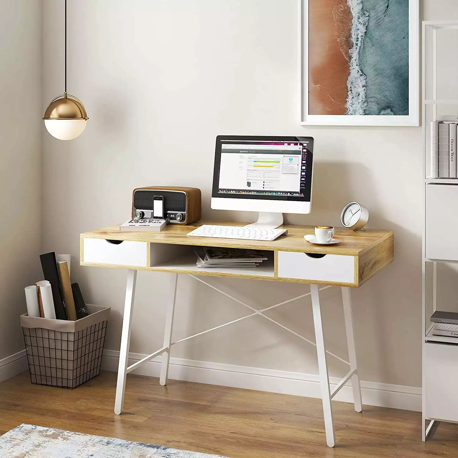 SOGES 47inch Desk with 2 Drawers Computer Desk Wood Home Office Table Metal Legs. White