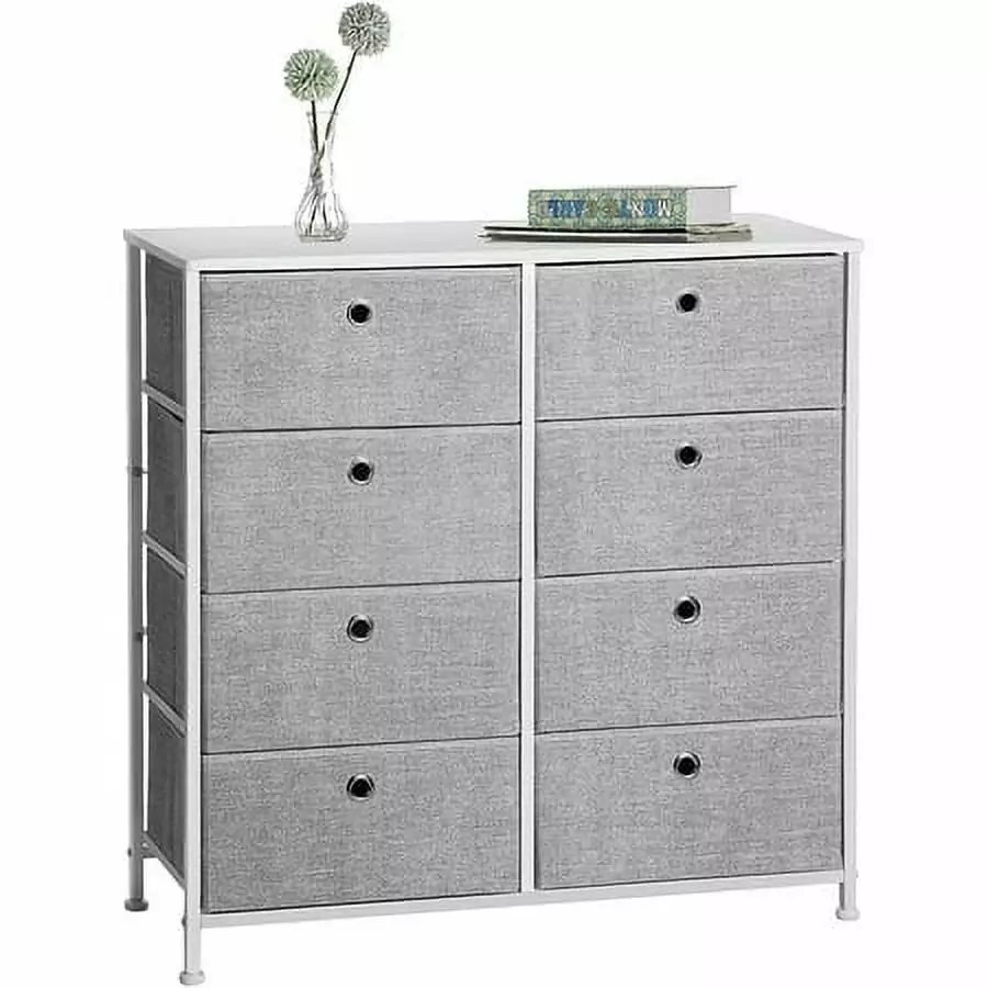 SONGMICS 4-Tier Storage Dresser with 8 Easy Pull Fabric Drawers and Wooden Tabletop for Closets Nursery Dorm Room Light Gray and White