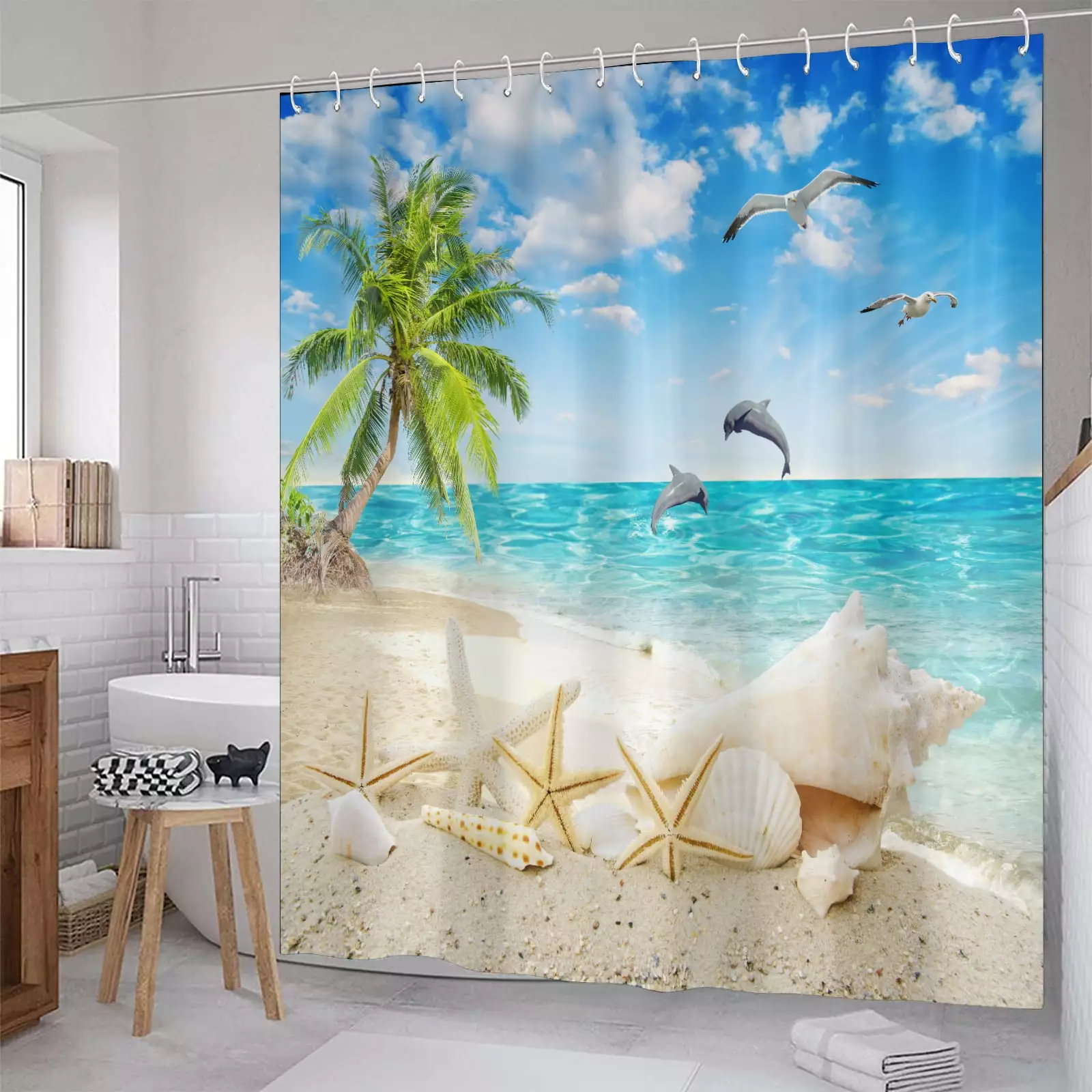 SOUTHSKY Shower Curtain Ocean Sky Scenery SC028 Tropic Sand Beach Sea Starfish Seashell Coconut Tree Dolphin Marine Cloth Fabric Handing Decorations for Bathroom Bathtub Rooms Wall 71x71inch