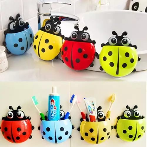 SPRING PARK 4Pcs/Set Cartoon Ladybug Kids Wall Suction Cup Mount Toothbrush Toothpaste Holder Pencil Pen Container Box Travel Organizer Plastic Pocket Storage Organizer