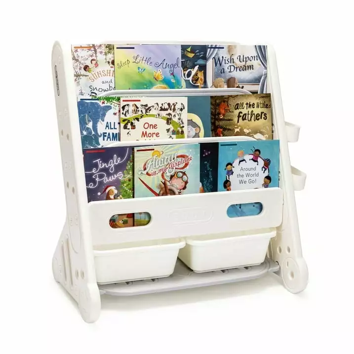 SULIVES Kids Bookshelf. Stable Book Shelf for Kids Rooms. Easy Assembly 4-Shelf Bookcase with 2 Storage Boxes