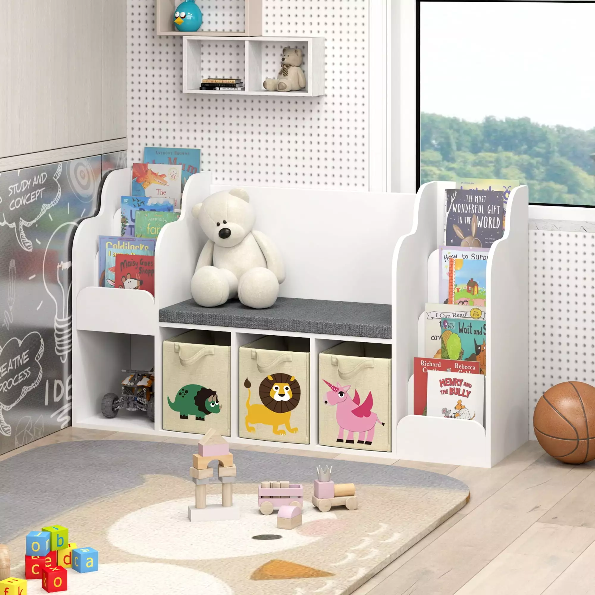 SULIVES Kids Bookshelf with Reading Nook: Abundant Storage. Modern Design. Durable Construction - Perfect for Playroom. Bedroom. and Living Room