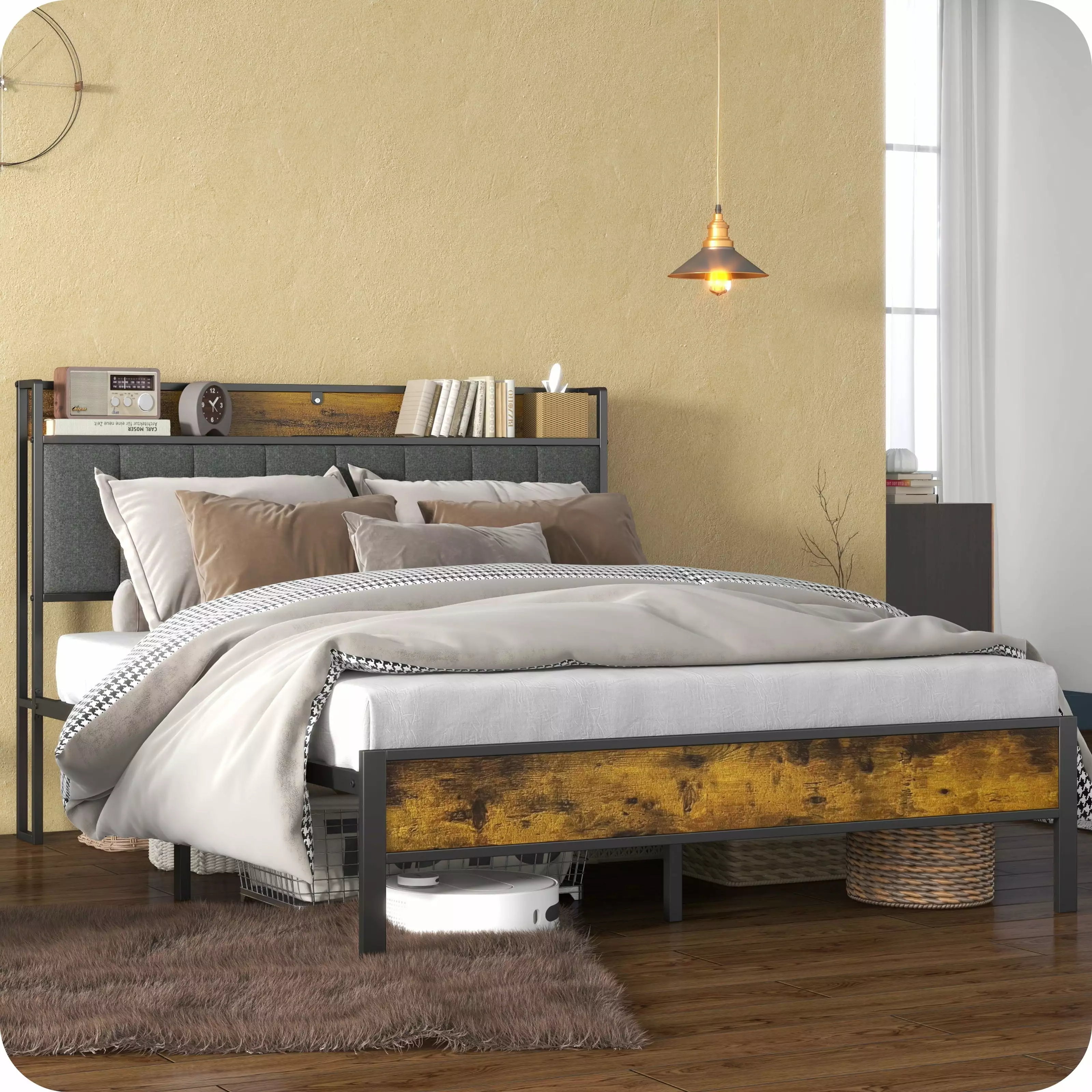 SUNNY HEAT Bedframe with Full Size Soft Headboard and Charging Stations. Heavy Duty Metal Platform. Noise Free - Log Brown