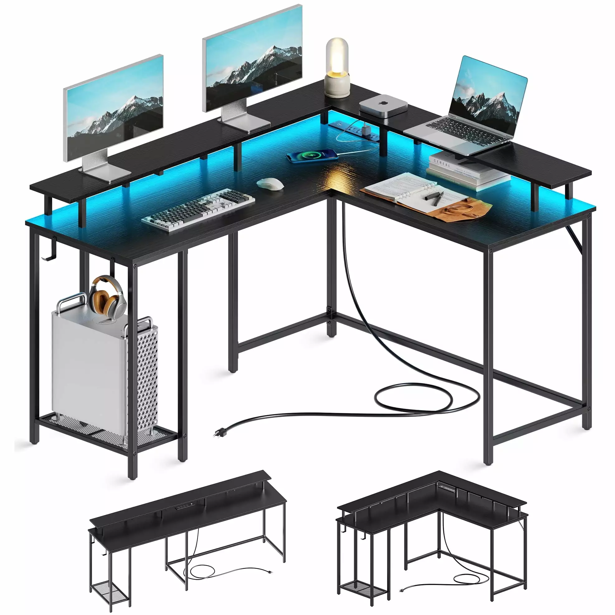 SUPERJARE L Shaped Desk with Outlets & USB Ports. Gaming Desk with LED Light Strip. Corner Computer Desk. L Office Desk. Monitor Stand. Hooks. and Storage Shelves. Black