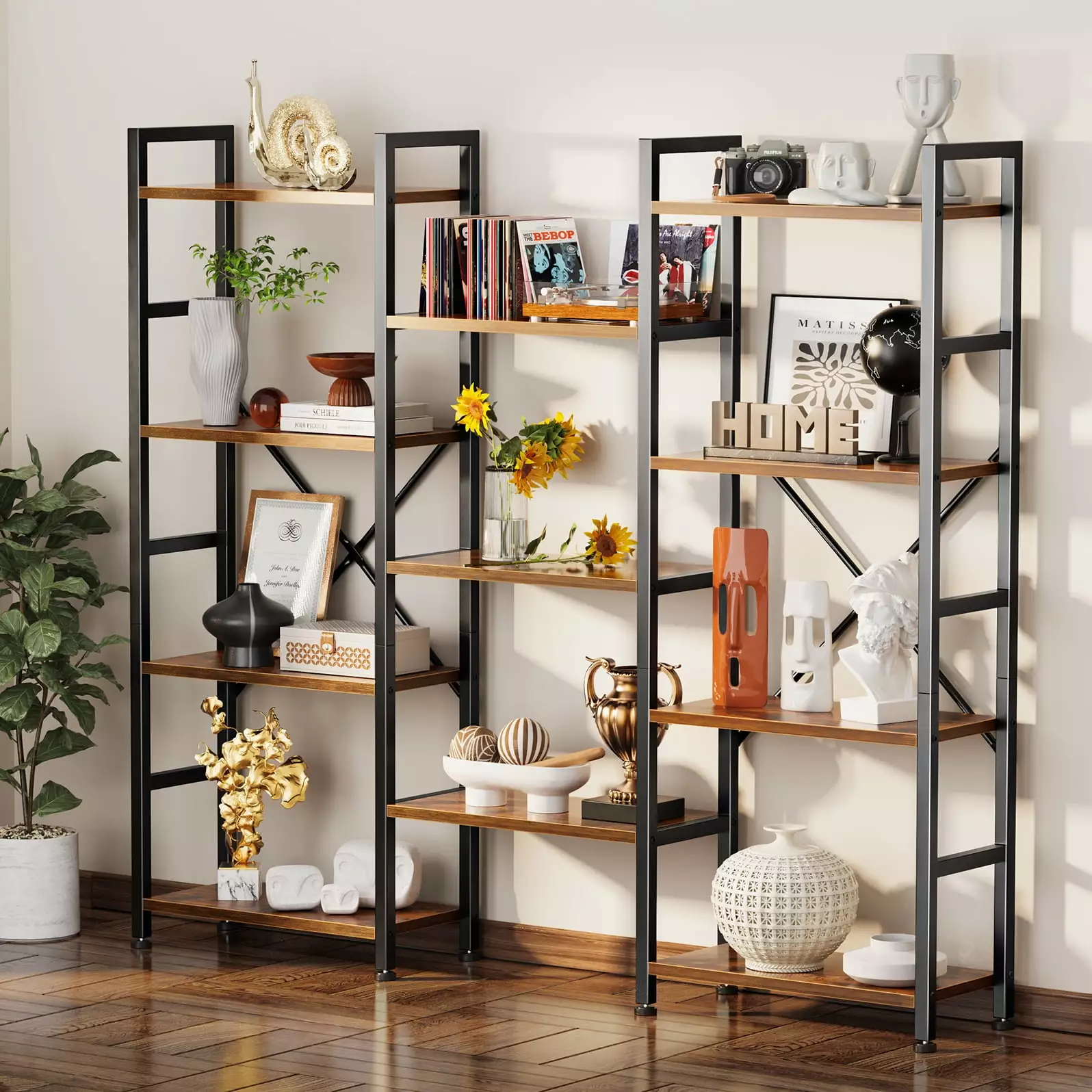 SUPERJARE Triple 4 Tier Bookshelf. Bookcase with 11 Open Display Shelves. Industrial Metal Wide Book Shelf Book Case for Living Room. Rustic Brown