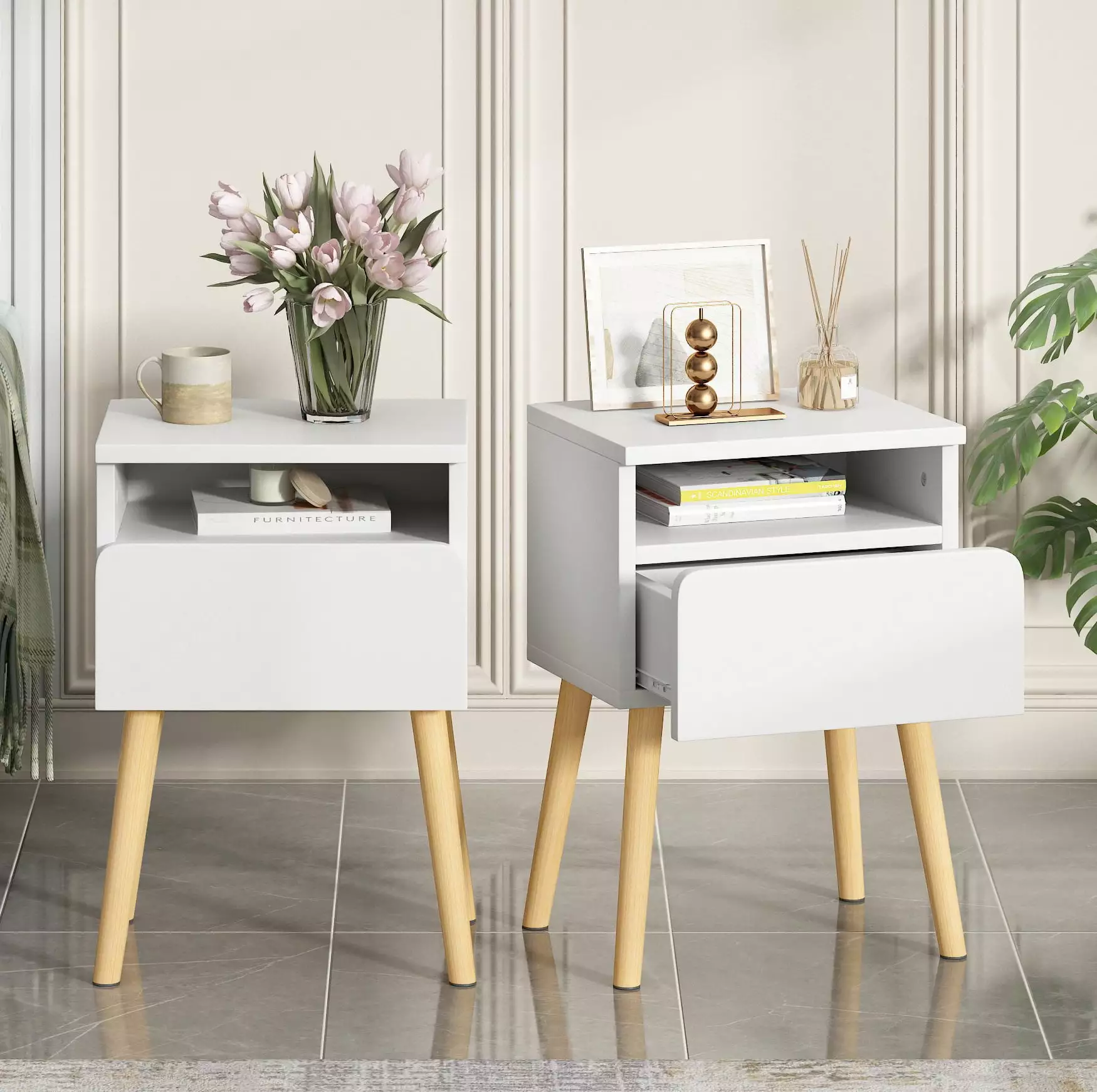 SYNGAR 2PCS End Table Bed Side Table. Modern Nightstand with Drawers for Bedroom Living Room. White. LJ3870