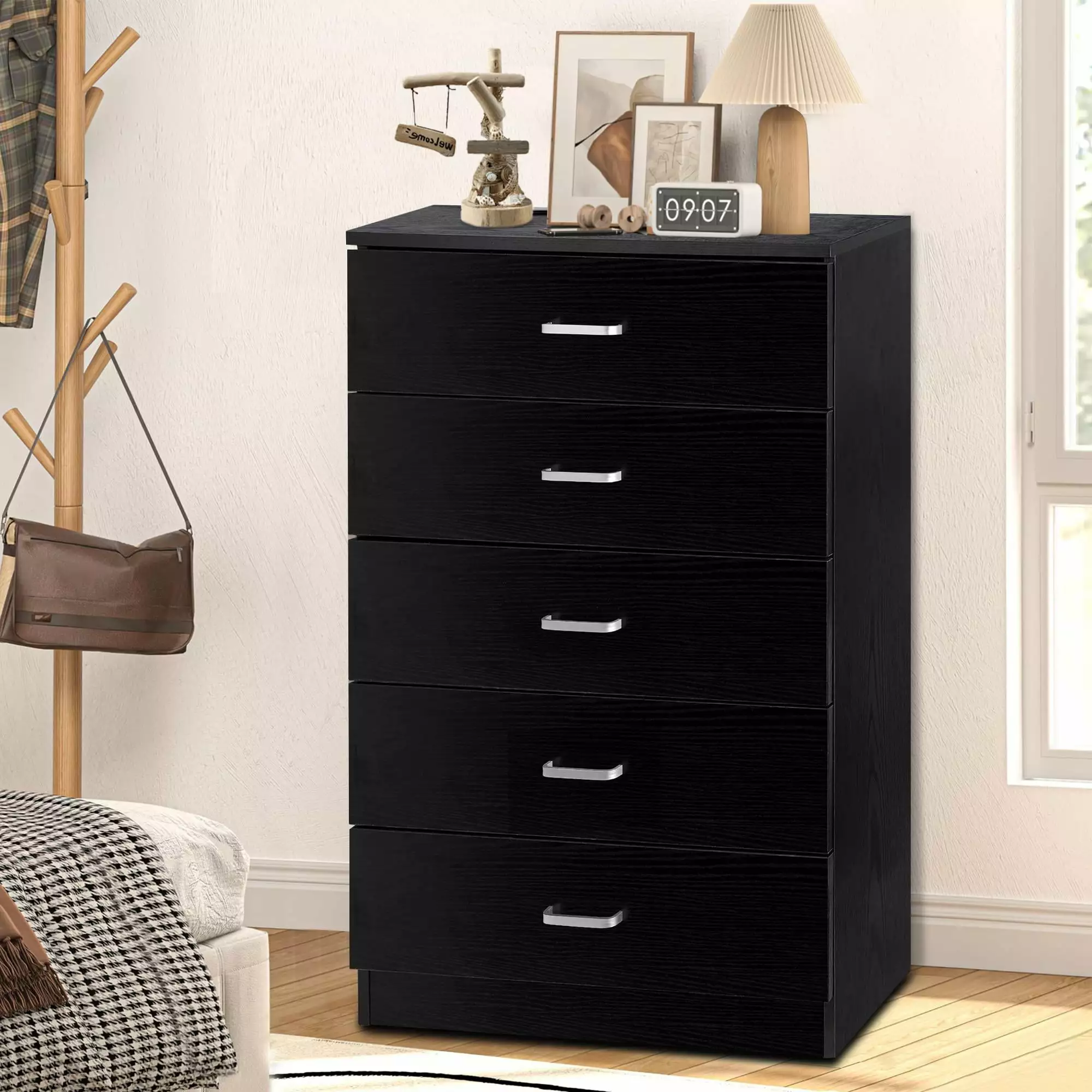 SYNGAR Black 5 Drawer Dresser. Chest of Drawers for Bedroom. Modern Storage Cabinet Dresser Organizer Unit with Handle for Living Room. Closet. Hallway. Nursery