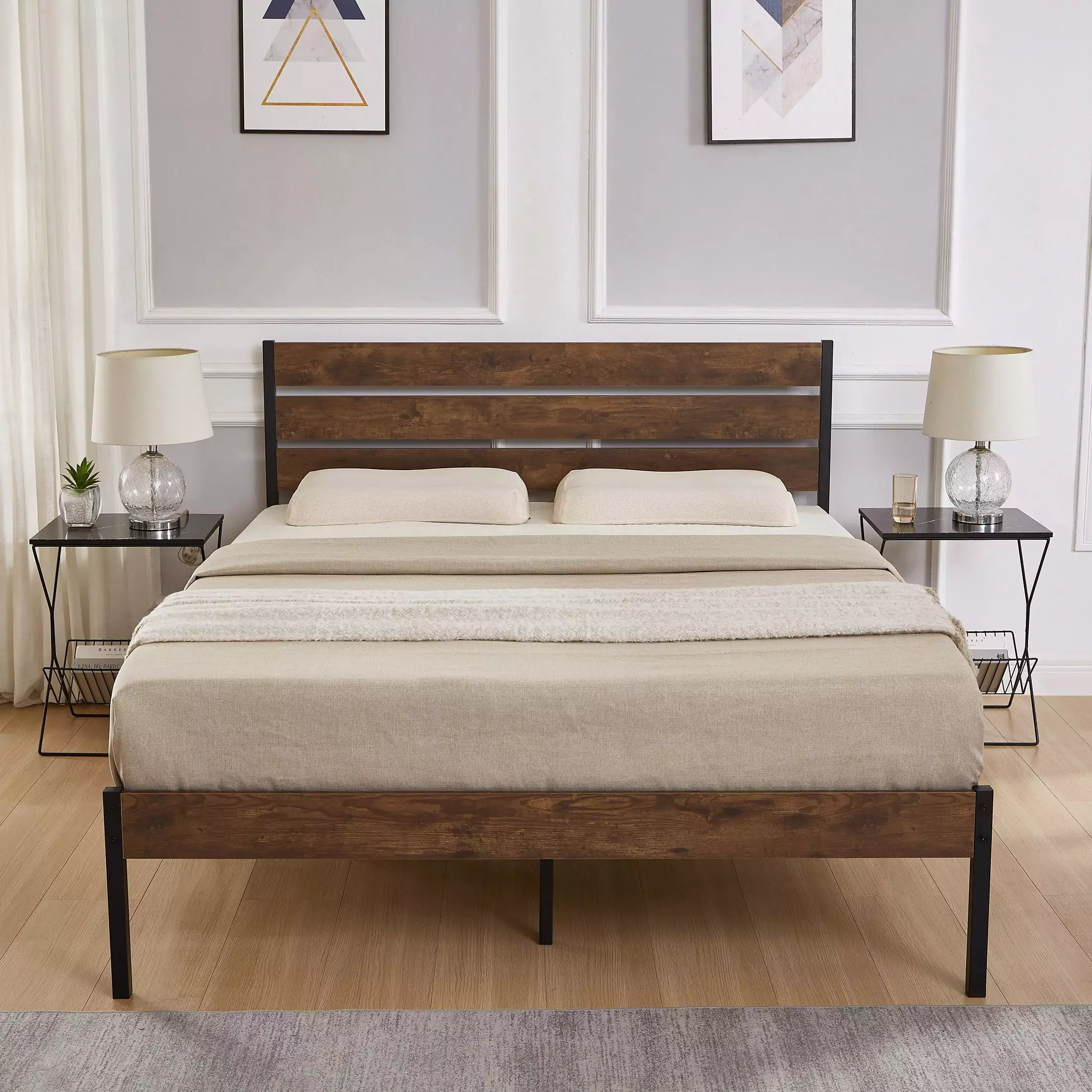 SYNGAR Black Full Size Bed Frame with Wooden Industrial Headboard. Iron Platform Bed Frame Full Metal Bed Mattress Foundation with 700LBS Capacity. No Box Spring Needed. Noise Free