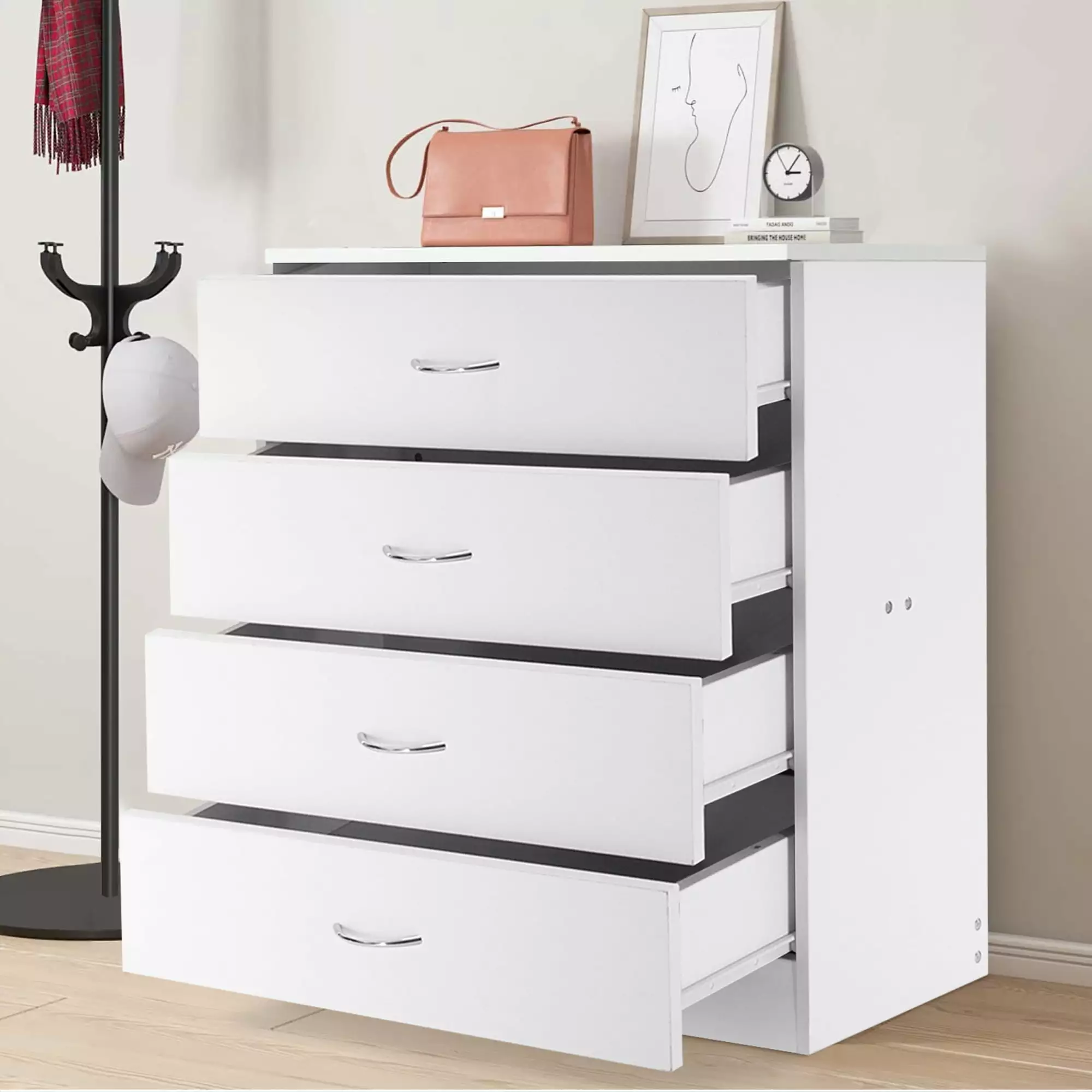 SYNGAR Modern White 4 Drawer Dresser. Chest of Drawers for Bedroom. Storage Cabinet Dresser Organizer Unit with Handle for Living Room. Closet. Hallway. Nursery