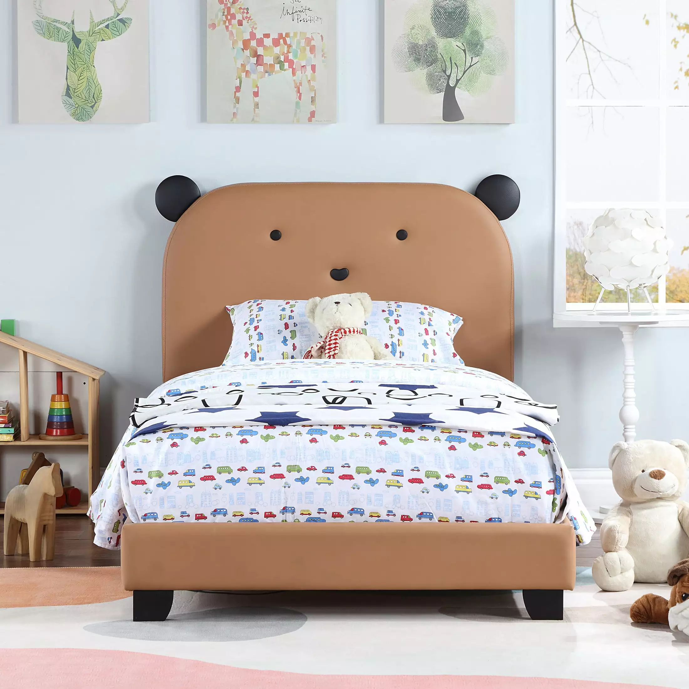 Twin Bed Frame with Headboard for Kids and Teens. Cute Bear Shape Upholstered Platform Bed Frame with Wood Slat. Twin Size Platform Bed Frame with Footboard. No Box Spring Needed. Brown