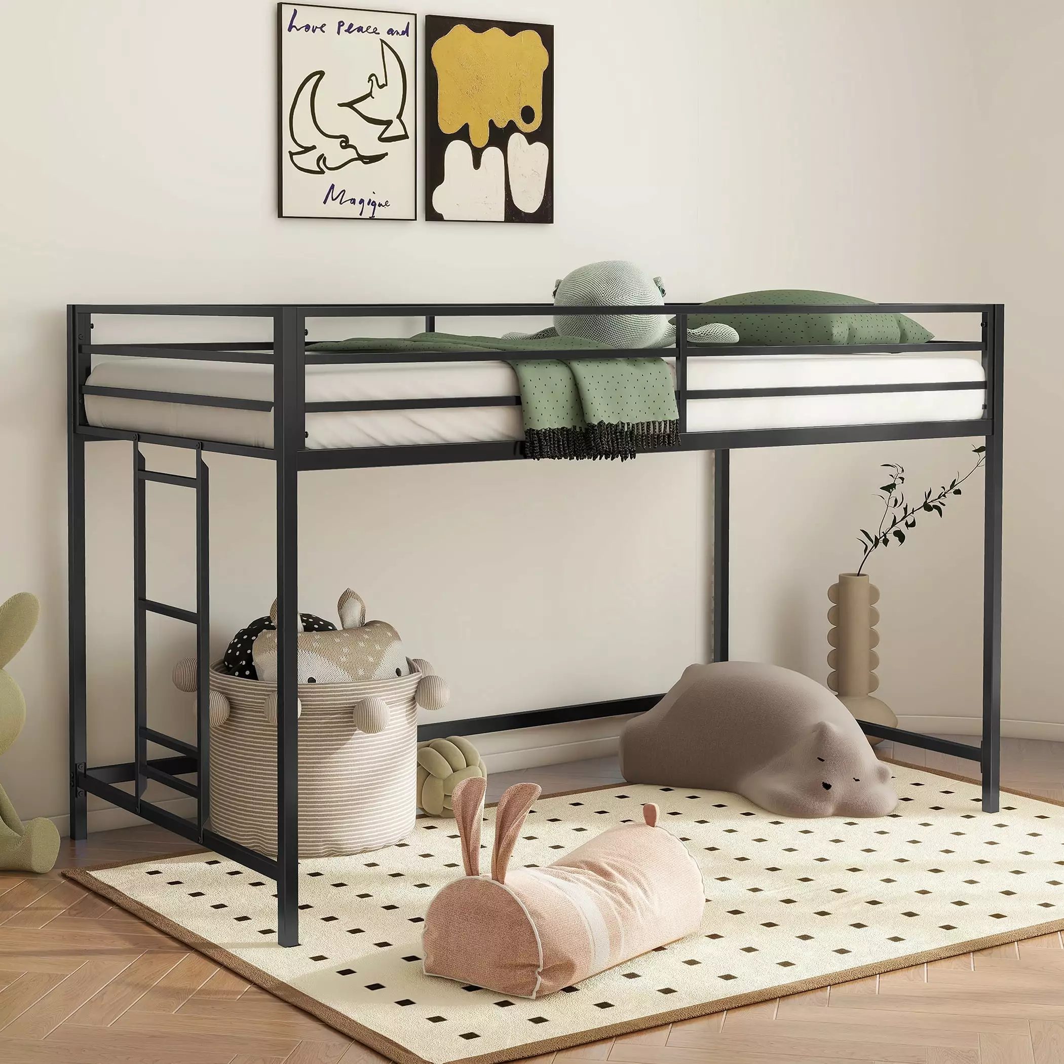 SYNGAR Kids Loft Bed. Modern Metal Loft Beds with Space Saving Bed Frame. Twin Loft Bed with Vertical Ladder and Safety Guard Rails for Boys Girls Kids Teens. Black