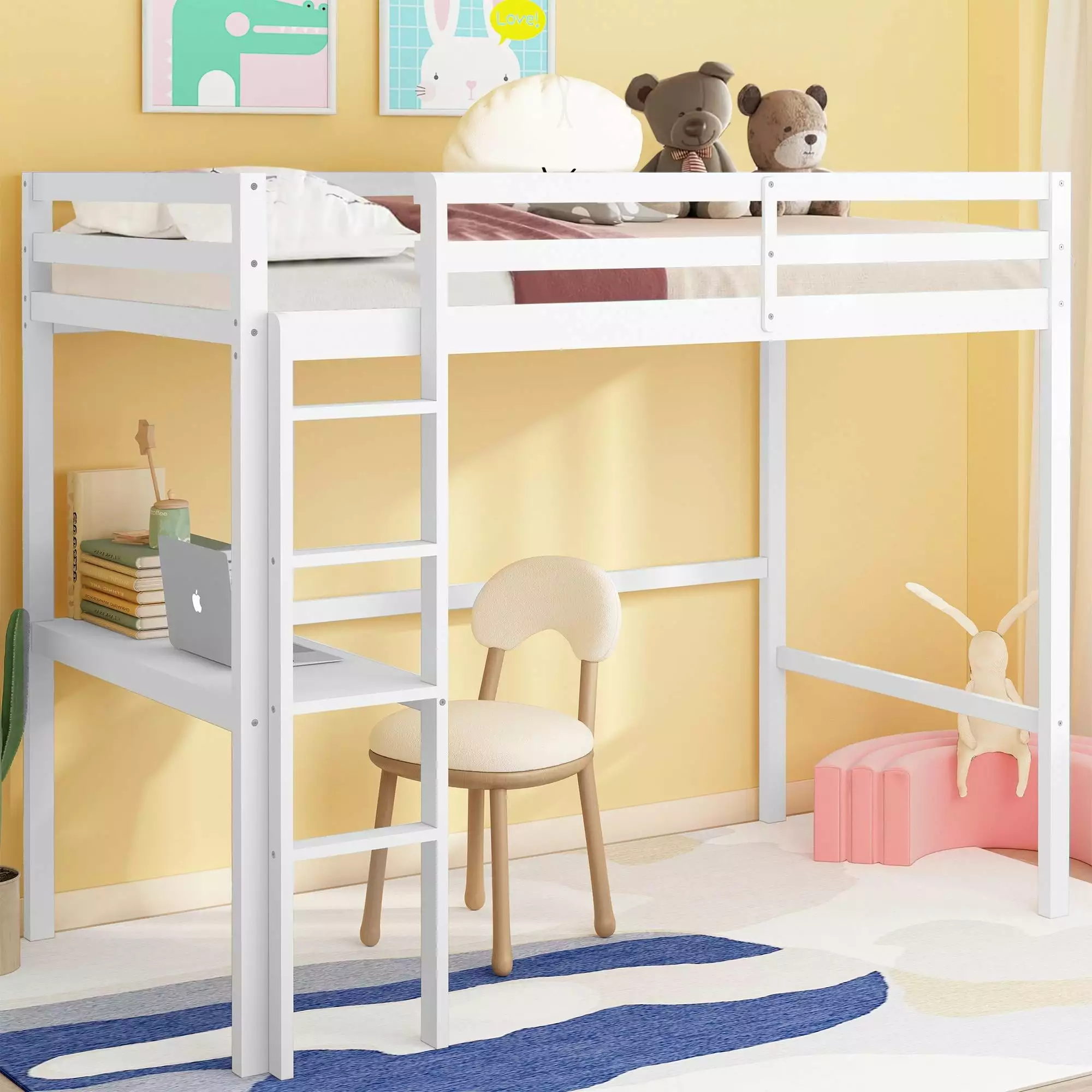 SYNGAR Twin Loft Bed with Desk. Wooden Loft Bed with Large Under Bed Storage Space. Space-Saving Bed Frame with Vertical Ladder and Safety Guard Rails for Boys Girls Kids Teens Adults. White