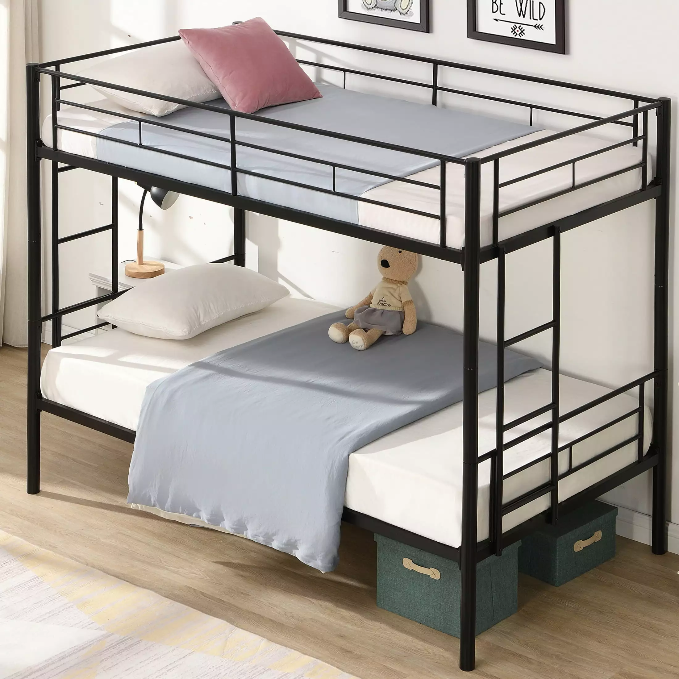 SYNGAR Twin Over Twin Steel Bunk Beds Frame with Ladder for Bedroom Dorm. Twin Bunk Beds for Kids Adult Children. Industrial Bunkbed No Box Spring Required. Black