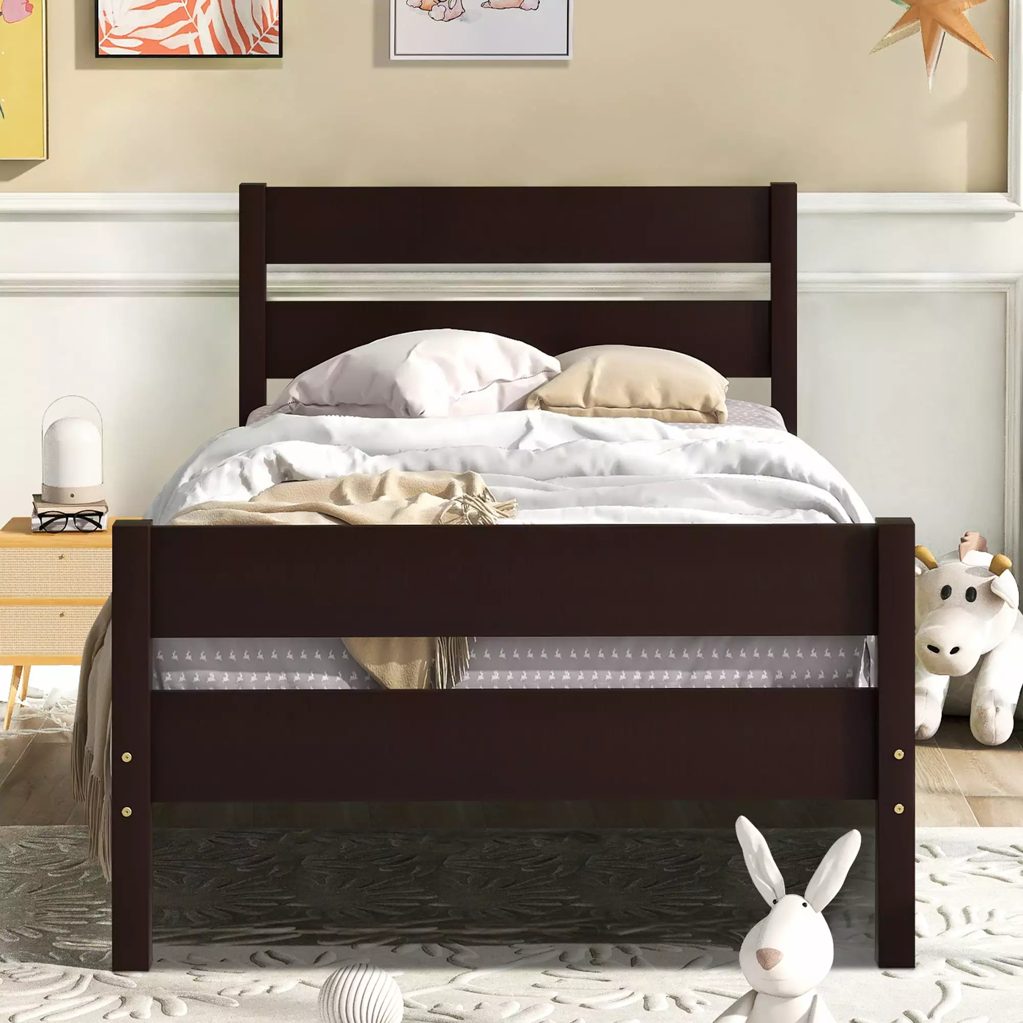 SYNGAR Wood Twin Platform Bed Frame with Headboard and Footboard. Modern Bed Single Twin Size Bed Frame for Kids Adults. No Box Spring Required. Easy Assembly. Espresso