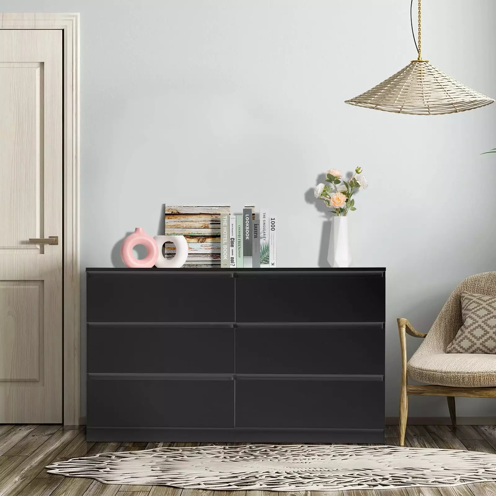 SalonMore Double Dresser for Bedroom with 6 Drawers. Wide Storage Cabinet for Living Room Home Entryway. Black