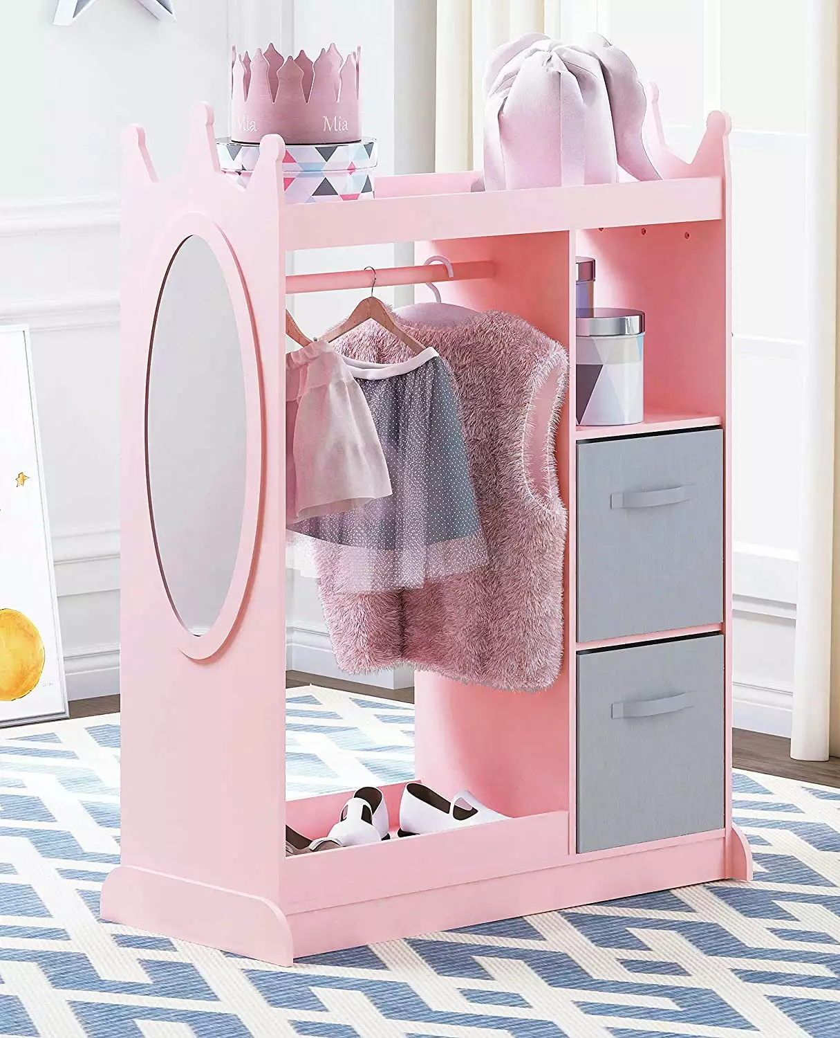 SalonMore Kids Dress up Storage with Mirror and Storage Bin.Kids Armoire Dresser with 2 drawers. Costume Closet for Kids. Pretend Storage Closet for Child.Costume Storage Dresser Pink