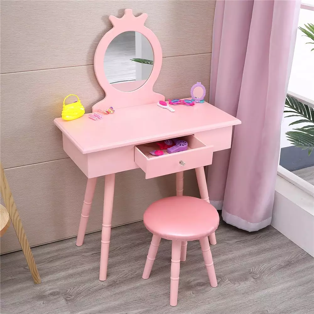 SalonMore Pink Princess Kids Vanity Table with Stool. Vanity Set with Mirror for Girls Makeup Dressing Table with Drawer Play Vanity Set