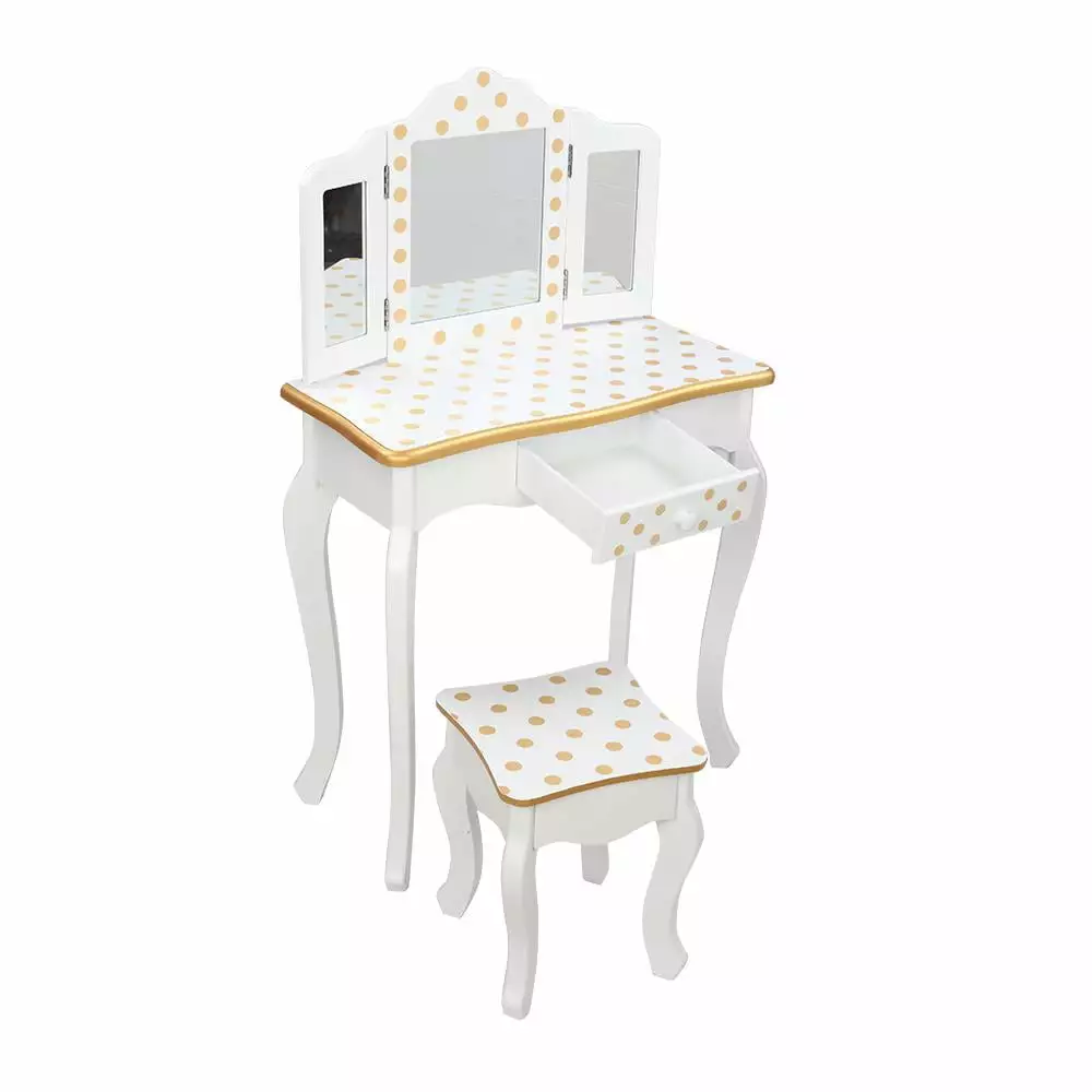 SalonMore Princess Kids Vanity Table with Stool. Vanity Set with Tri-Folding Mirror for Girls Makeup Dressing Table with Drawer Play Vanity Set