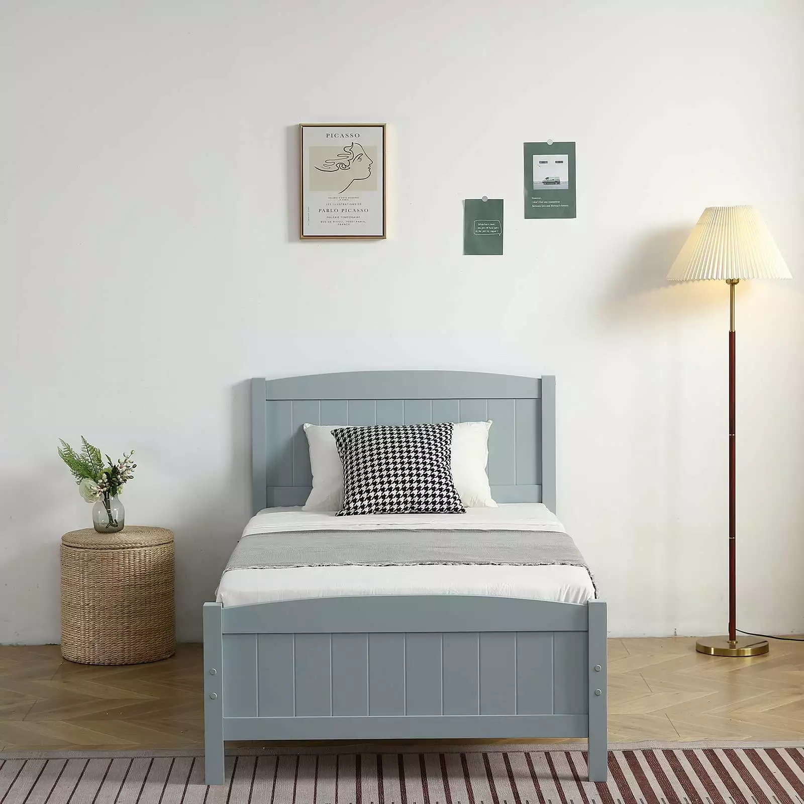 SalonMore Twin Bed. Full-Boarded Vertical Striped Bed with Headboard and footboard. Bedroom Twin Bed Frame Pine Single-Layer. Gray