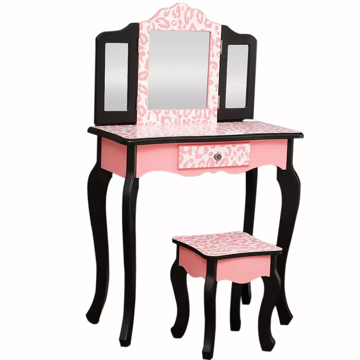 SamyoHome Kids Vanity Table and Stool Set. Pretend Play Princess Makeup Dressing Table with 3 Mirrors. Red Leopard Print