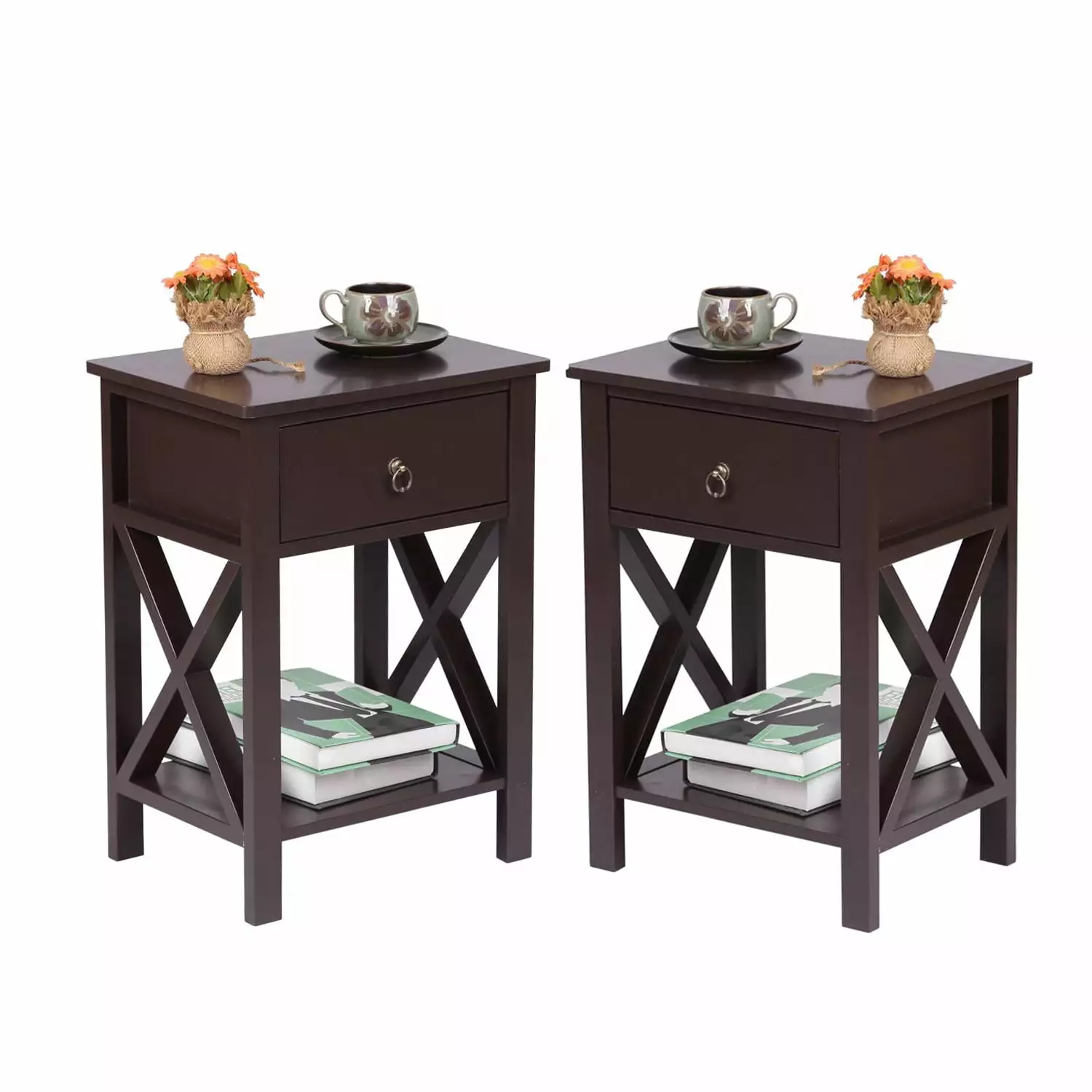 SamyoHome Set of 2 Bedroom Rustic Nightstand Bedside End Tables with Drawer Storage.Brown