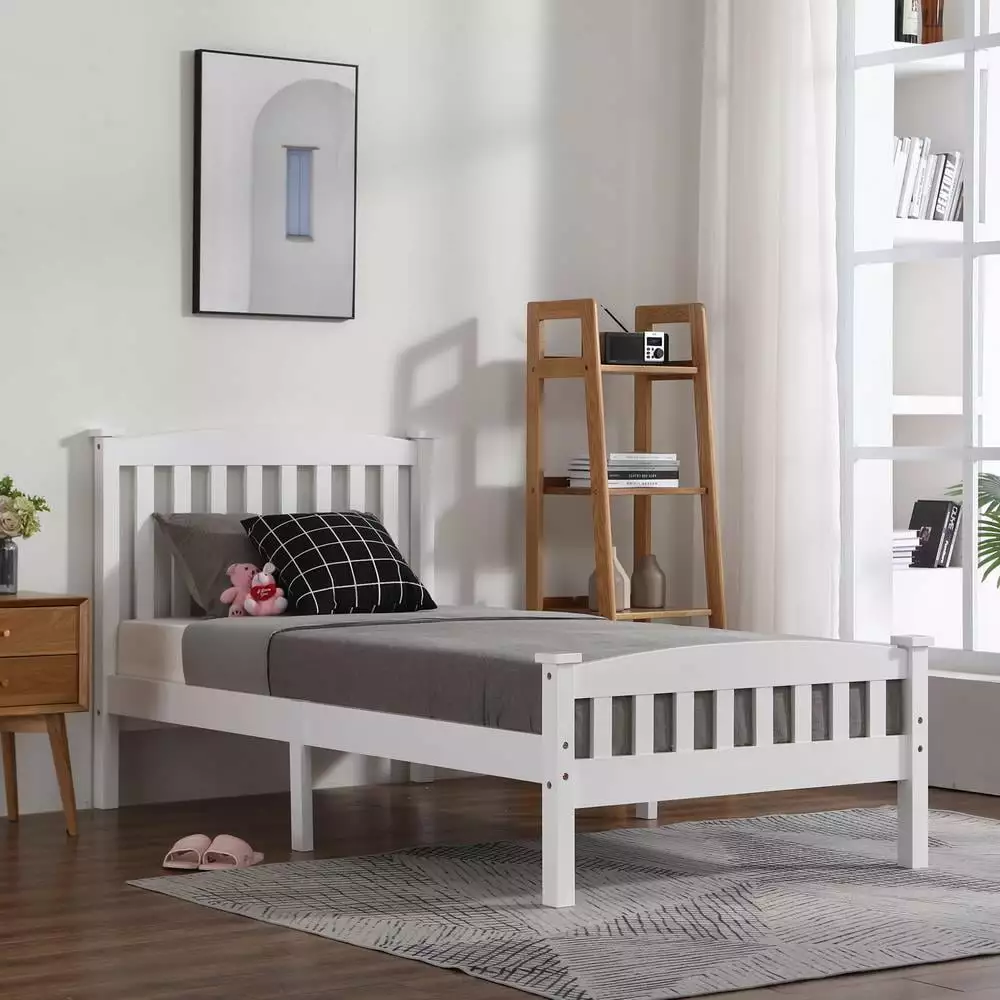 SamyoHome Twin Bed Solid Pine Wooden Bed Frame Wood Slats .White Single Bed