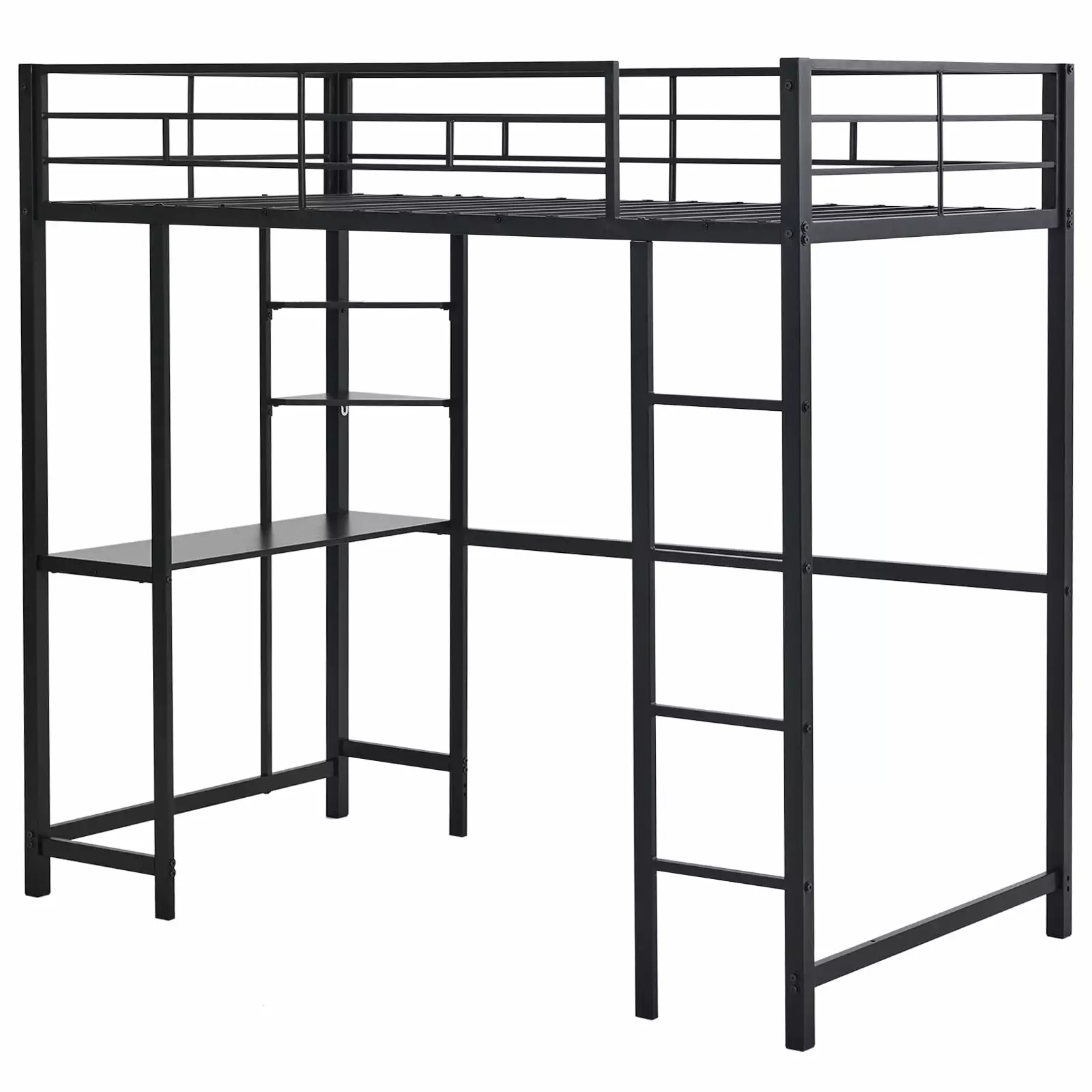 SamyoHome Twin Loft Bed with Desk for Kids Teens. Metal Bunk Loft Bed with 2 Storage Shelves/Stairs/Guardrails. Kids Loft Bed for Bedroom. Black