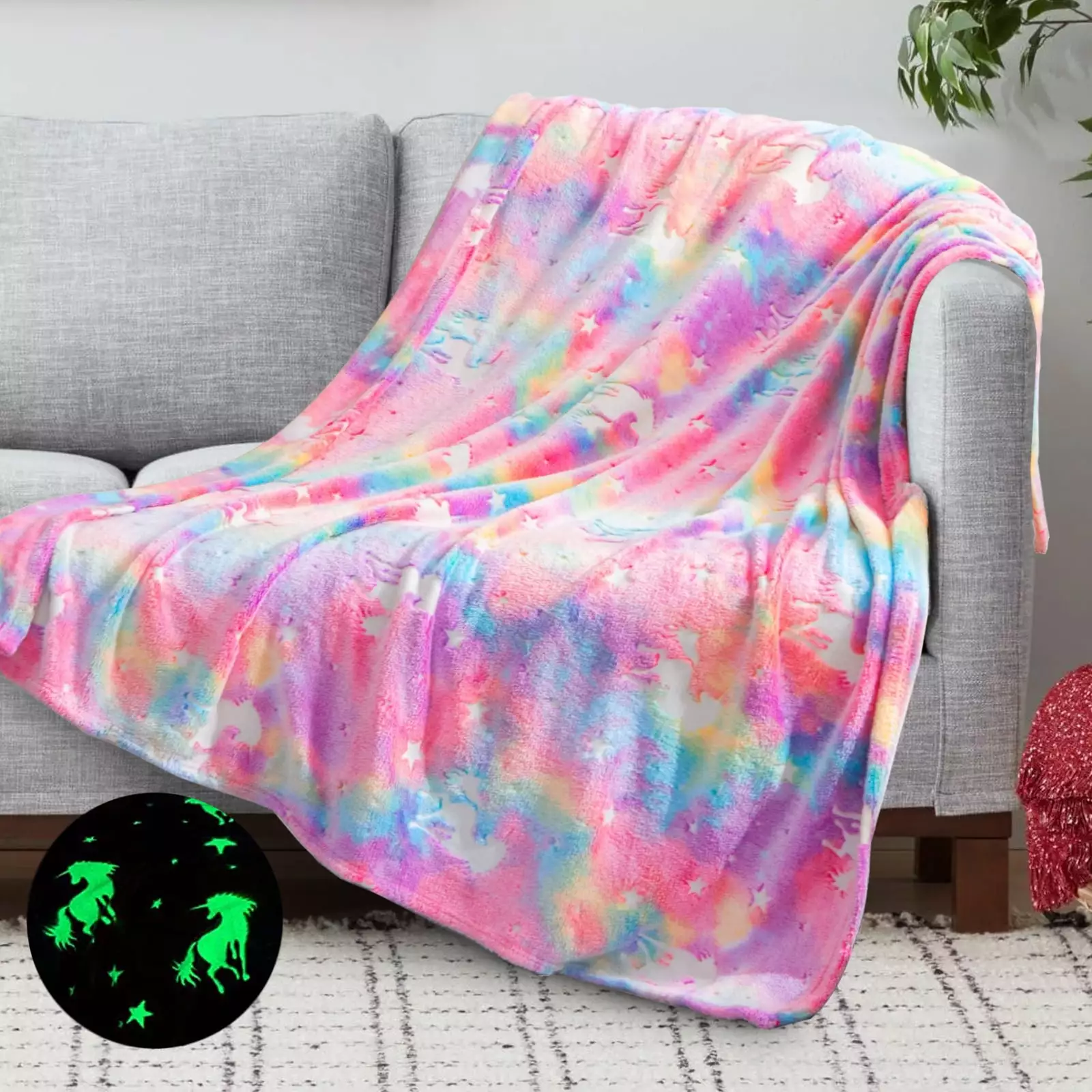 Sanmadrola Glow in The Dark Blanket Unicorns Throw Blanket for Couch Bed Christmas Gifts for Girl Boys Soft Fuzzy Kids Flannel Blankets for Easter Birthday Valentines Gifts. 60 x 50in