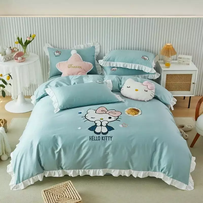 Sanrio Hello Kitty Bedding Set Double Bed Queen Size Flat Sheet Duvet Cover Pillowcase Kids Winter Bed Linens Home Textile Gift