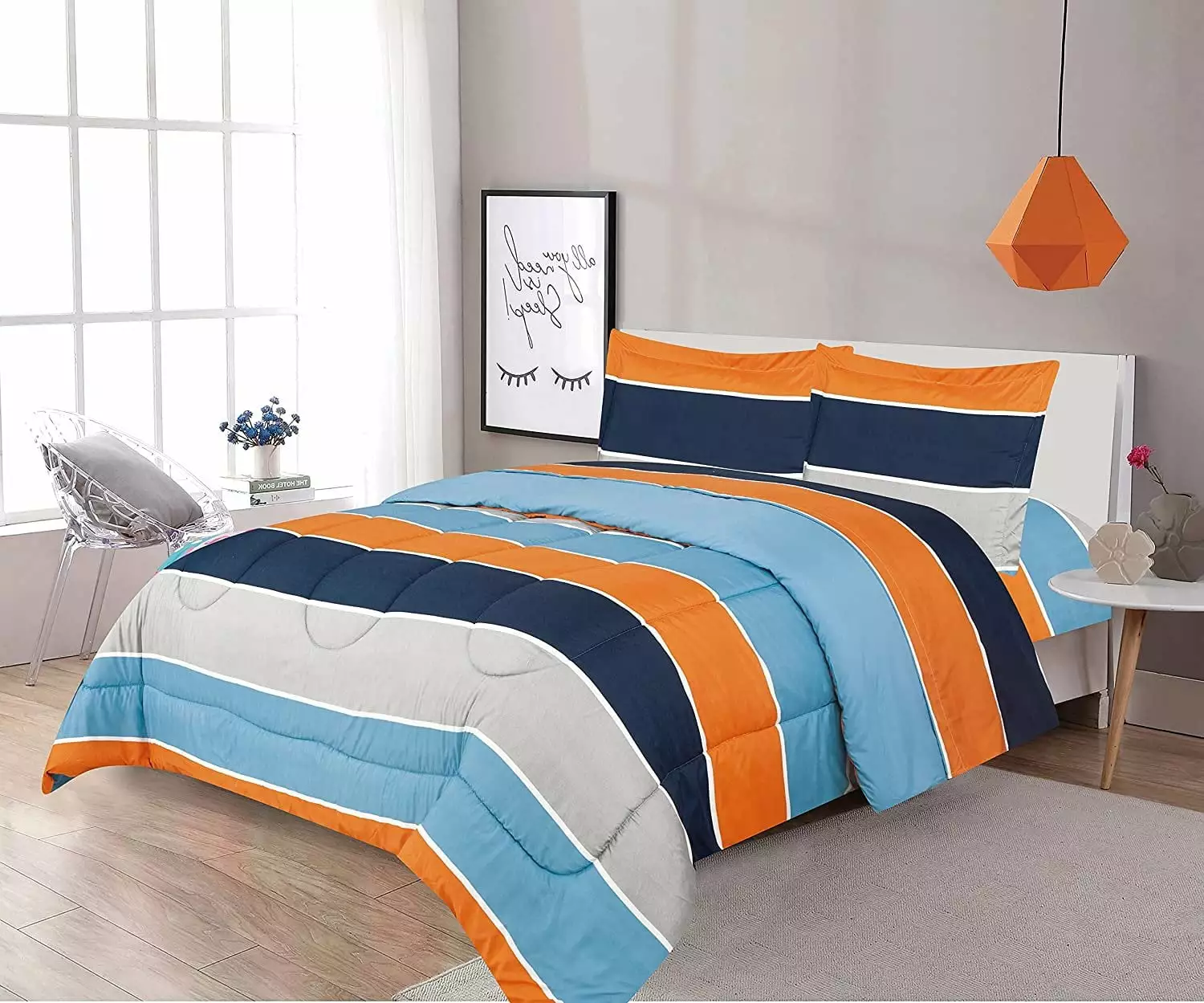 Sapphire Home 3 Piece Queen Size Comforter Set Bed in Bag with Shams. Blue Orange Gray Stripes Print Multicolor Boys Kids Girls Teens Bedding. 3pc. QN. Navy/Orange