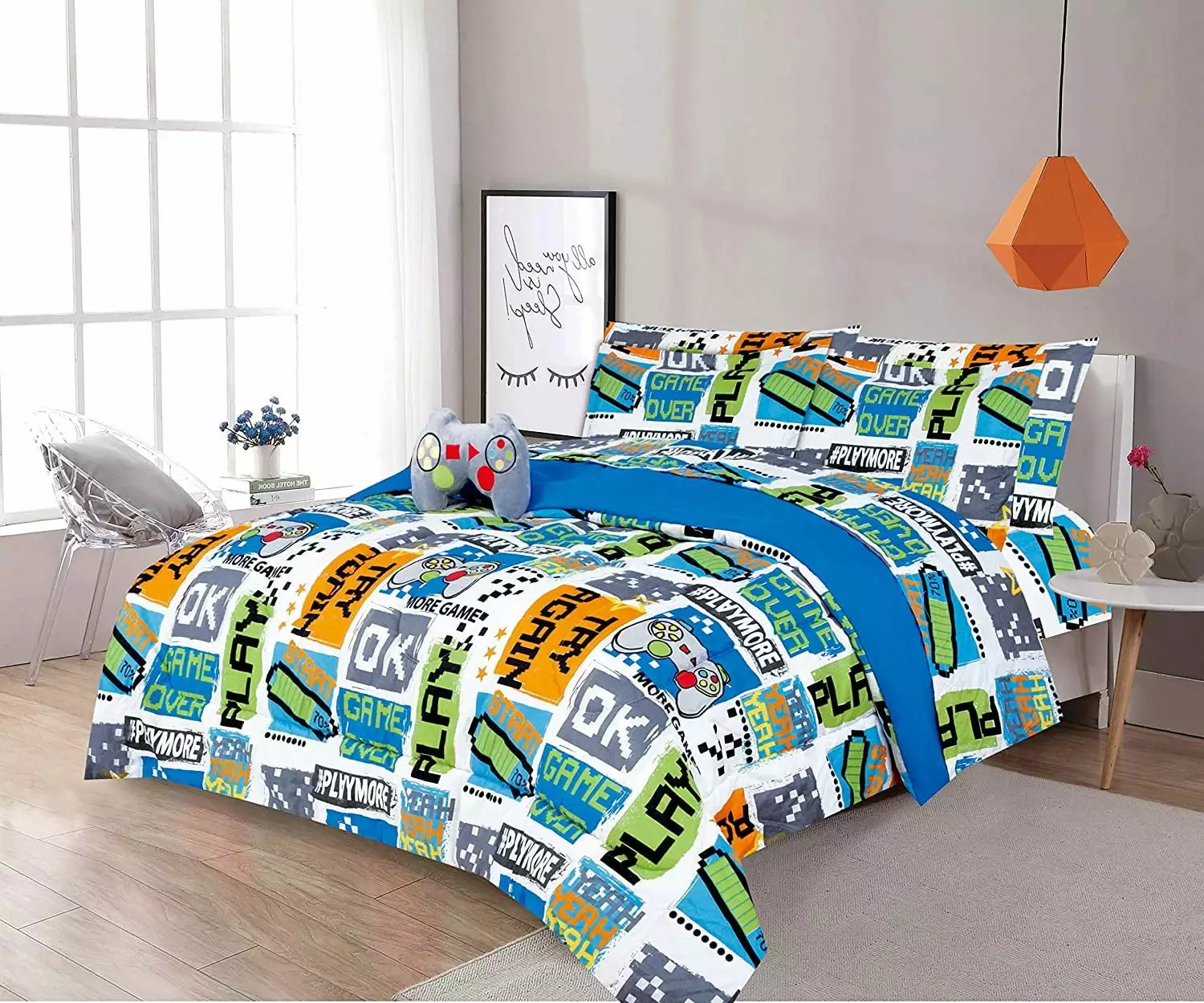 Sapphire Home 6 Piece Twin Size Boys Kids Teens Comforter Set Bed in Bag. Shams. Sheet Set & Decorative Toy Pillow. Kids Comforter Bedding w/Sheets. Video Games Gaming. Blue/Green. 6pc Game