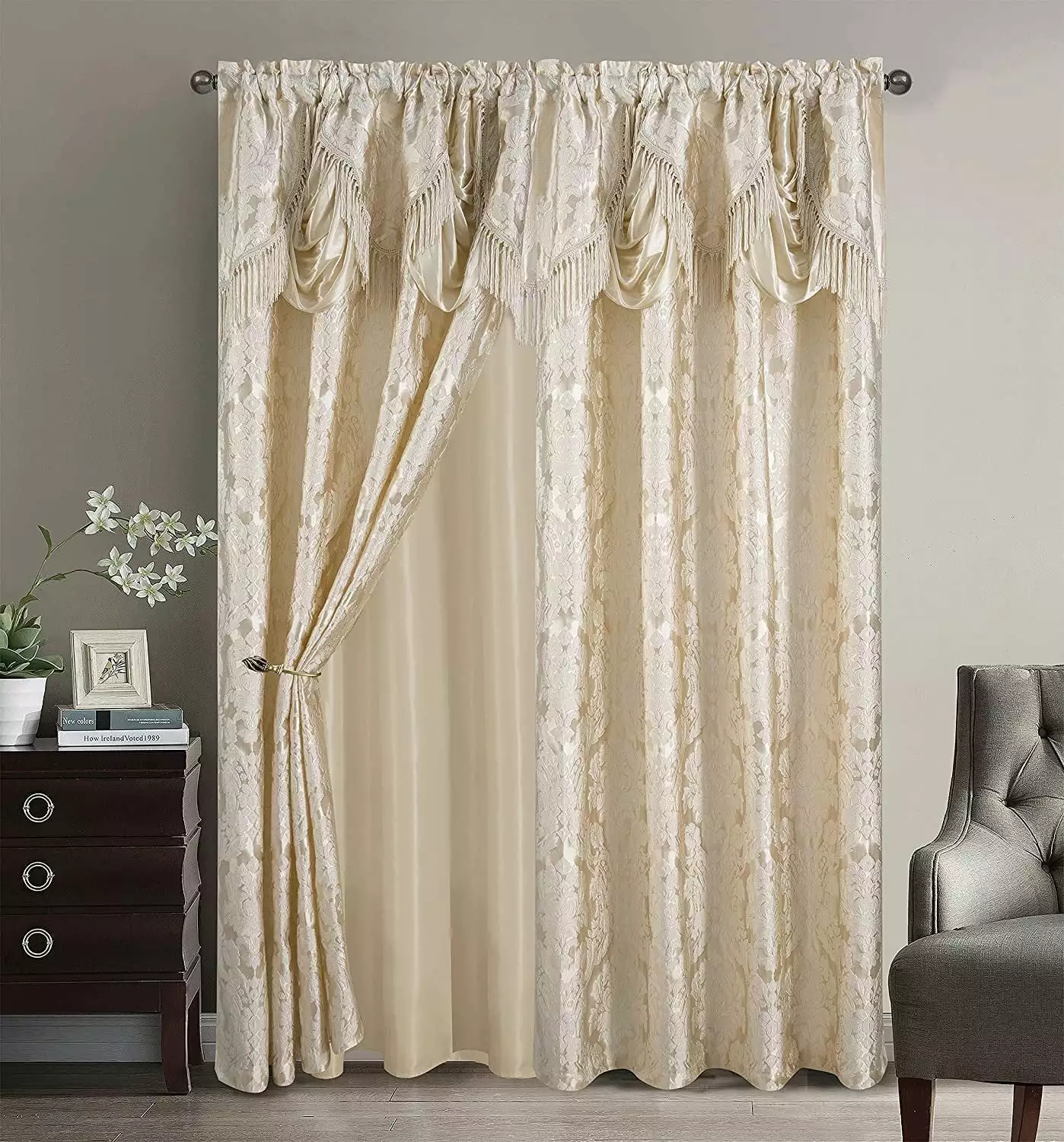 Sapphire Home Fancy Jacquard Window Drape Curtain Panels Set with Attached Valance. Sheer Backing. 2 Tassels. Elegant Damask Floral Pattern. Drape set for Living & Dining Rooms. Scarlett. 84. Beige