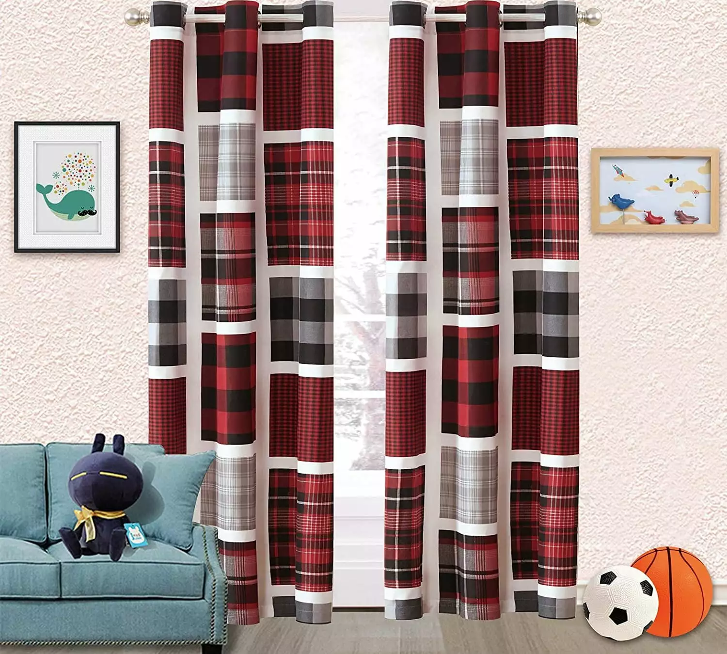 Sapphire Home Kids Boys Teens 2 Window Curtain Panels 84 Long. Plaid Stripes Checked Print Design Black Red Gray Curtains for Teens Boys Girls. Kids Bedroom Dcor. Curtain Plaid