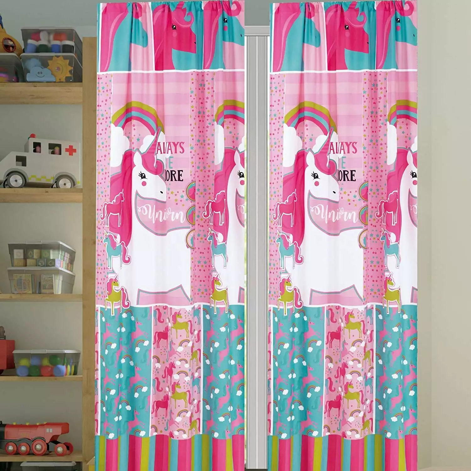 Sapphire Home Kids Girls Window Curtain Panels with tiebacks 4 Piece Set. Unicorn and Rainbow Print Window Curtain for Girls Kids. Pink Girls Kids Teens Room Dcor. Unicorn Curtain