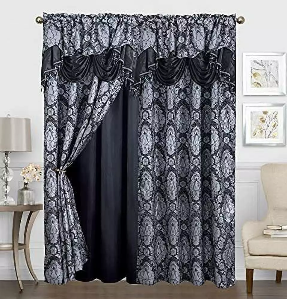 Sapphire Home Shiny Jacquard Curtain Drape Set 2 Panels 84-Inch Long. Includes Attached Valance. Sheer Backing. 2 Tassels. Damask Medallion Floral Drape for Living Rooms. Avery. 84. Black