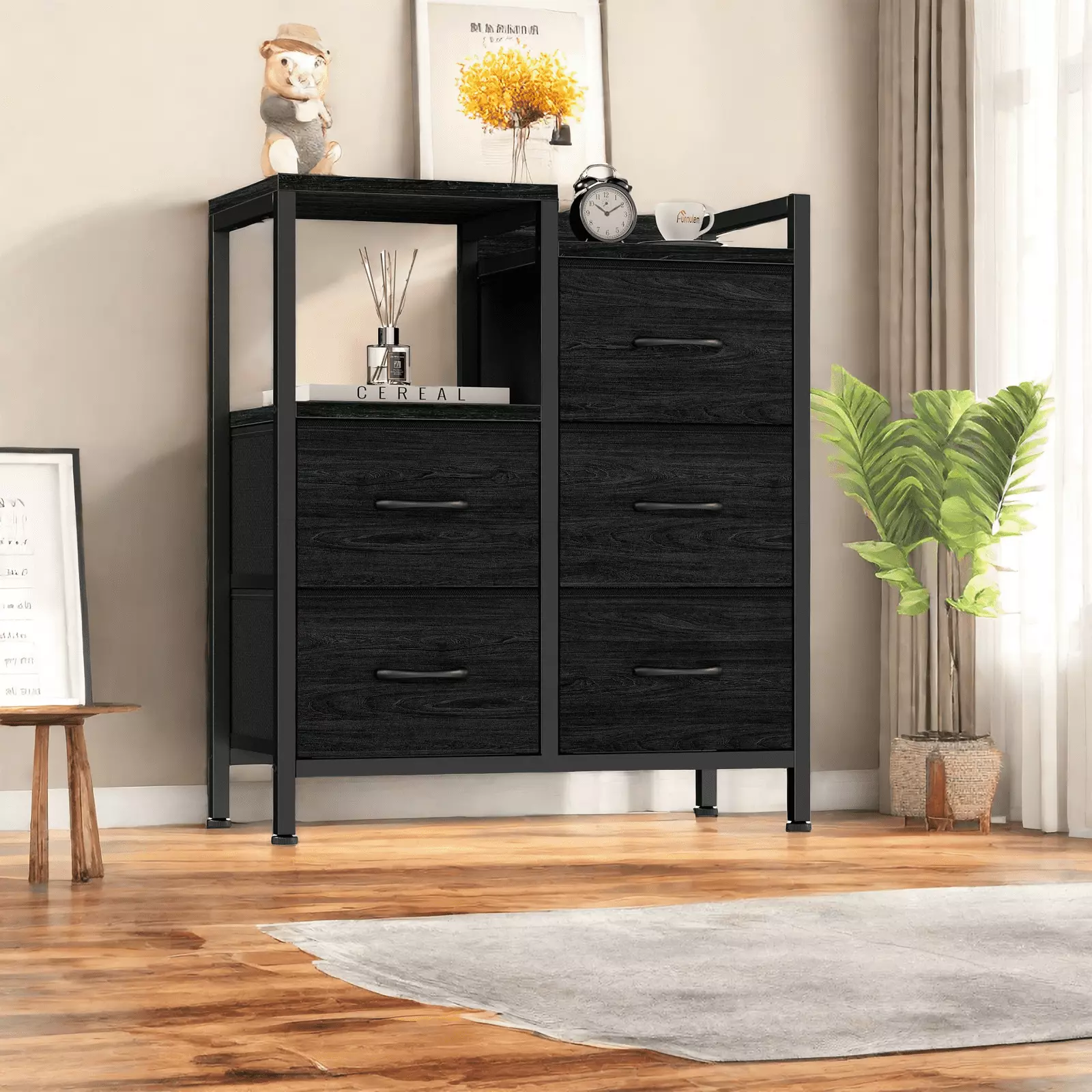 Satifur Fabric Dresser for Bedroom. 5 Bins Chest of Drawers for Closet. Living Room.Black Oak