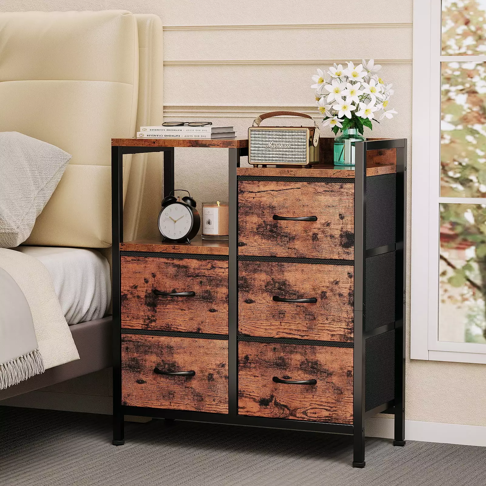 Satifur Nightstand for Bedroom. 3 Tier Wide Dresser with 5 Fabric Drawers. Wood Top and Metal Frame. Rustic Brown