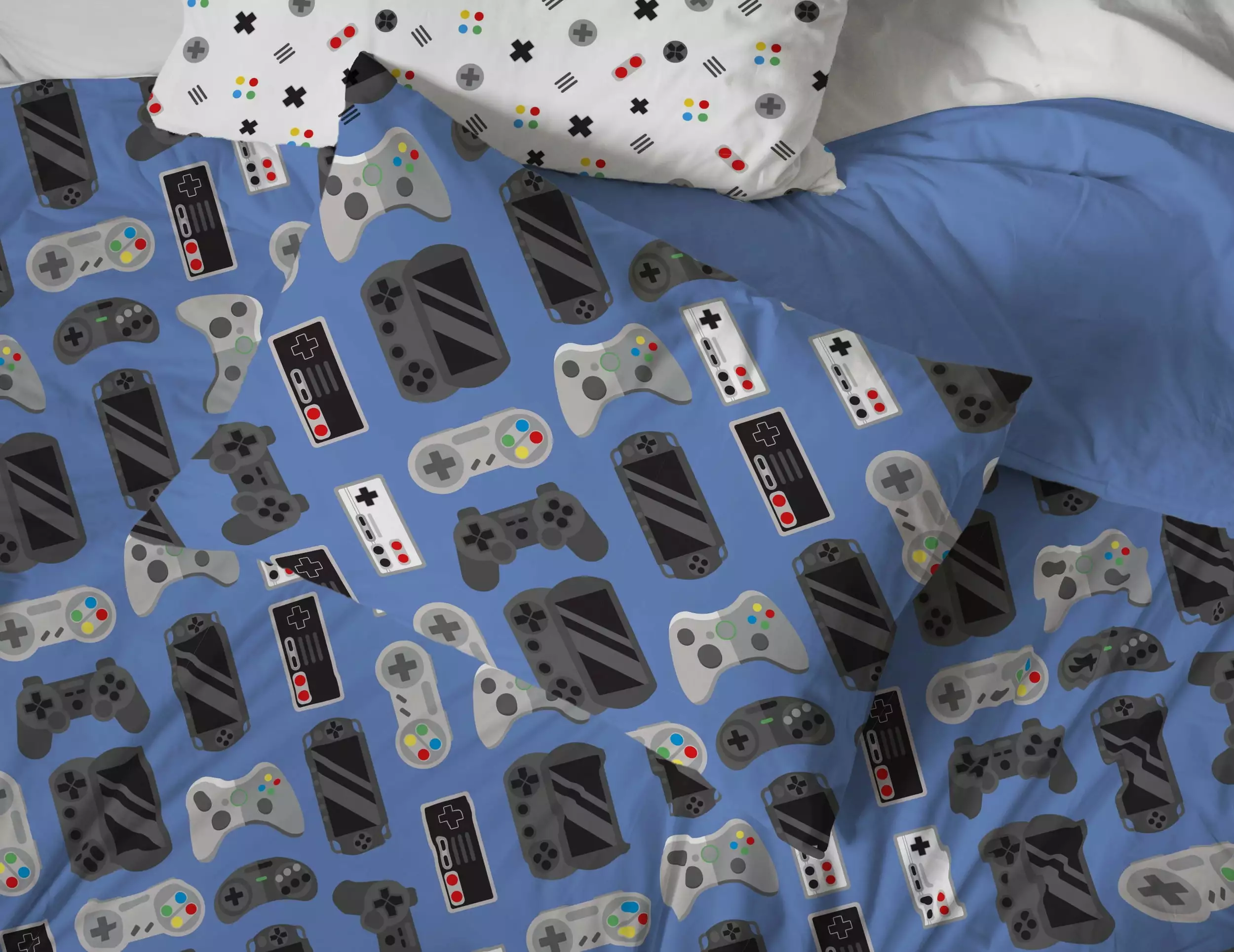 Saturday Park Gamer 100% Organic Cotton Kids' Duvet Cover & Sham Set. Blue. Duvet Sets