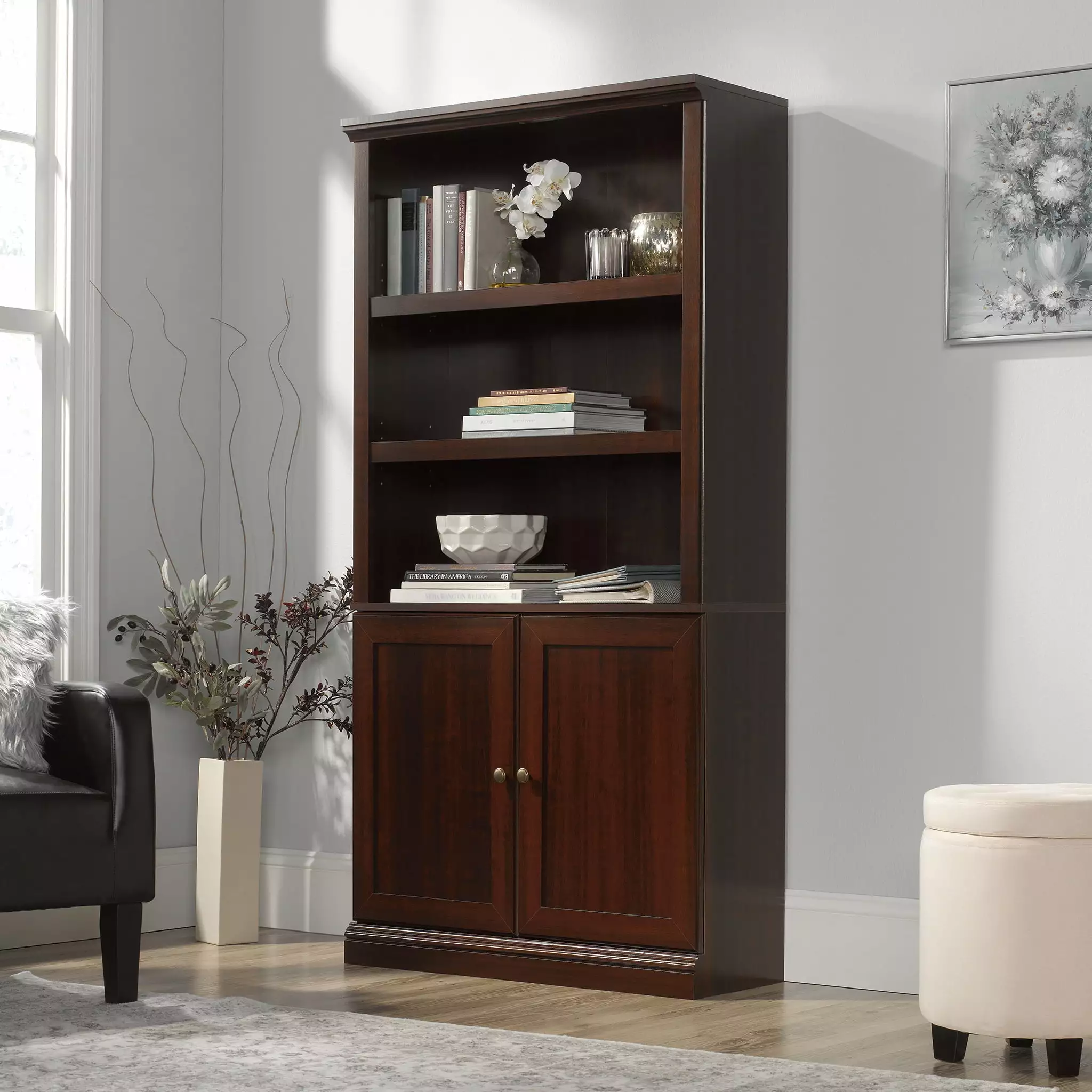 Sauder 5-Shelf Bookcase with 2 Doors. Select Cherry Finish