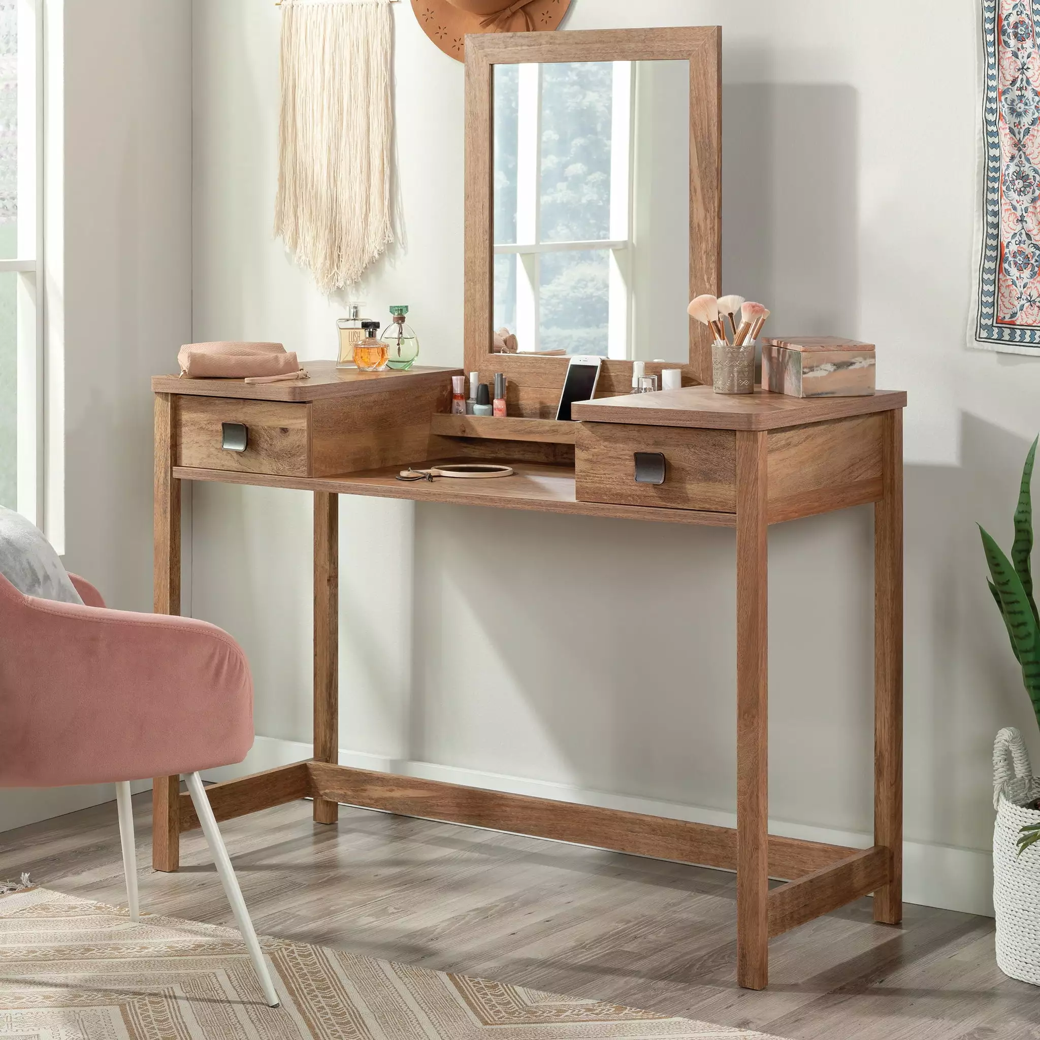 Sauder Cannery Bridge Bedroom Vanity with Mirror. Sindoori Mango Finish