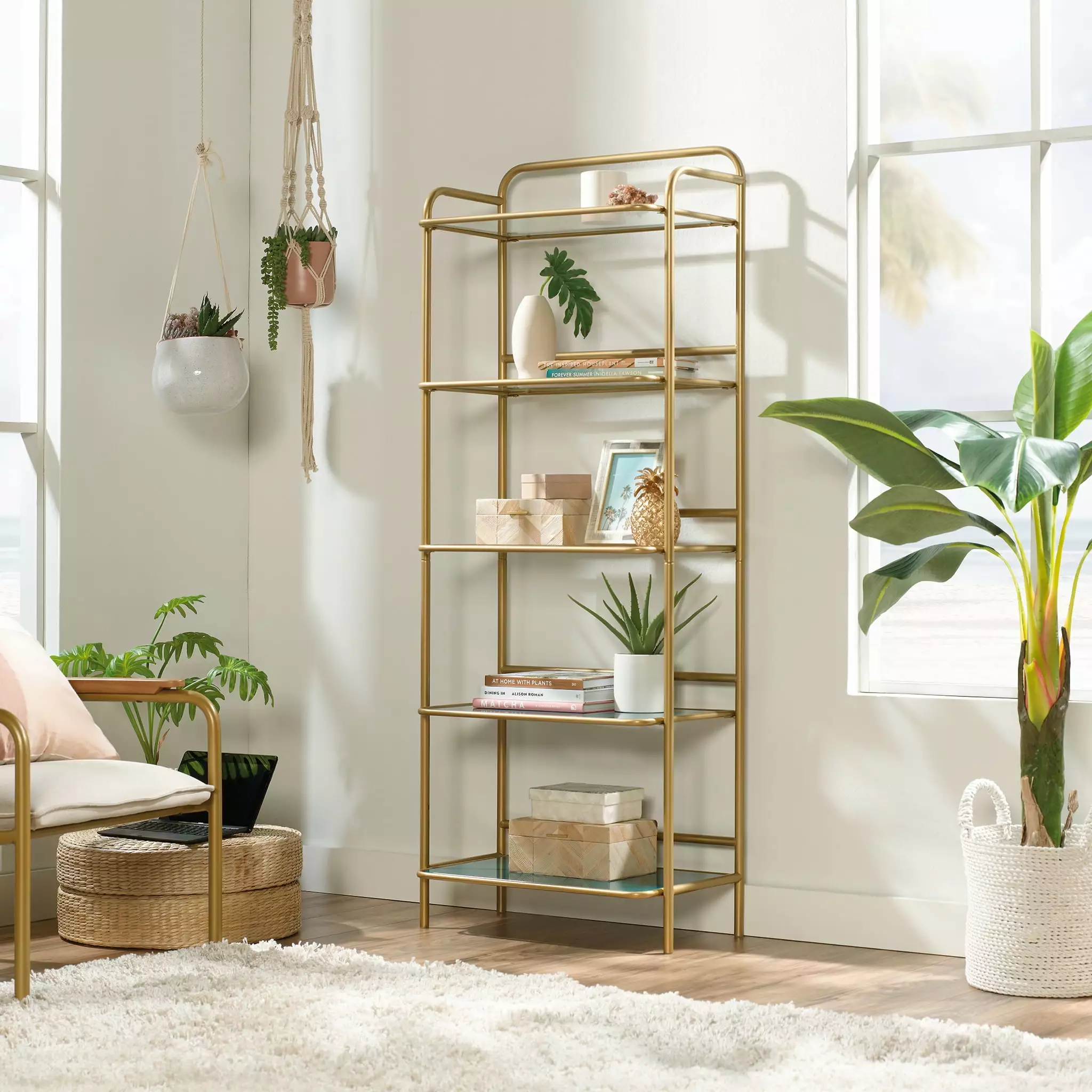 Sauder Coral Cape 5-Shelf Bookcase with Glass Shelves. Satin Gold Finish