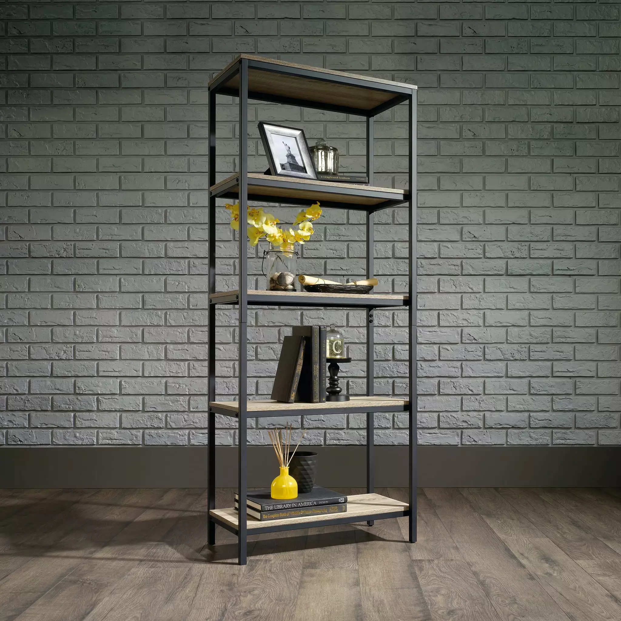 Sauder Curiod Tall Metal Frame Bookcase. Charter Oak Finish