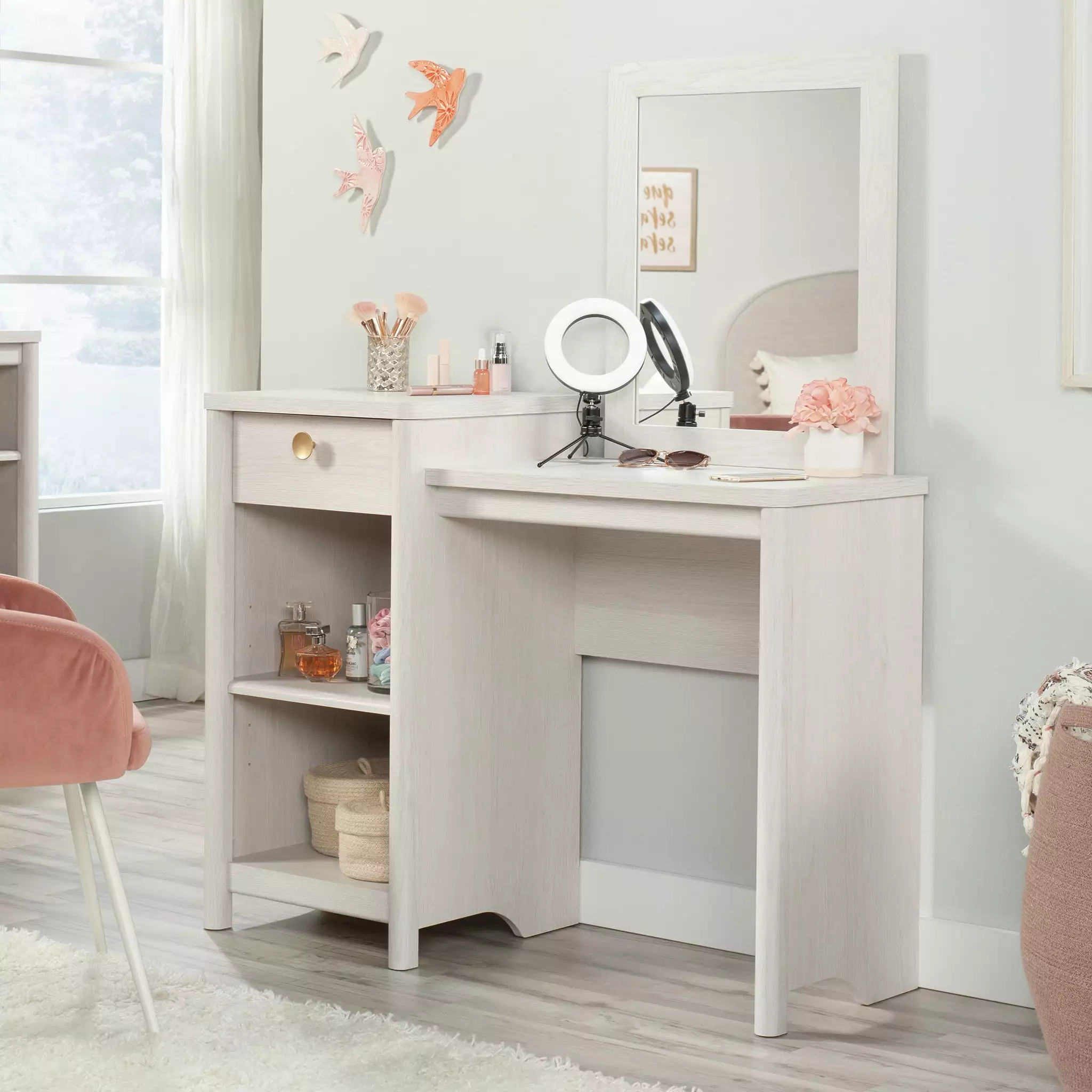 Sauder Dover Edge Bedroom Vanity with Mirror. Glacier Oak Finish