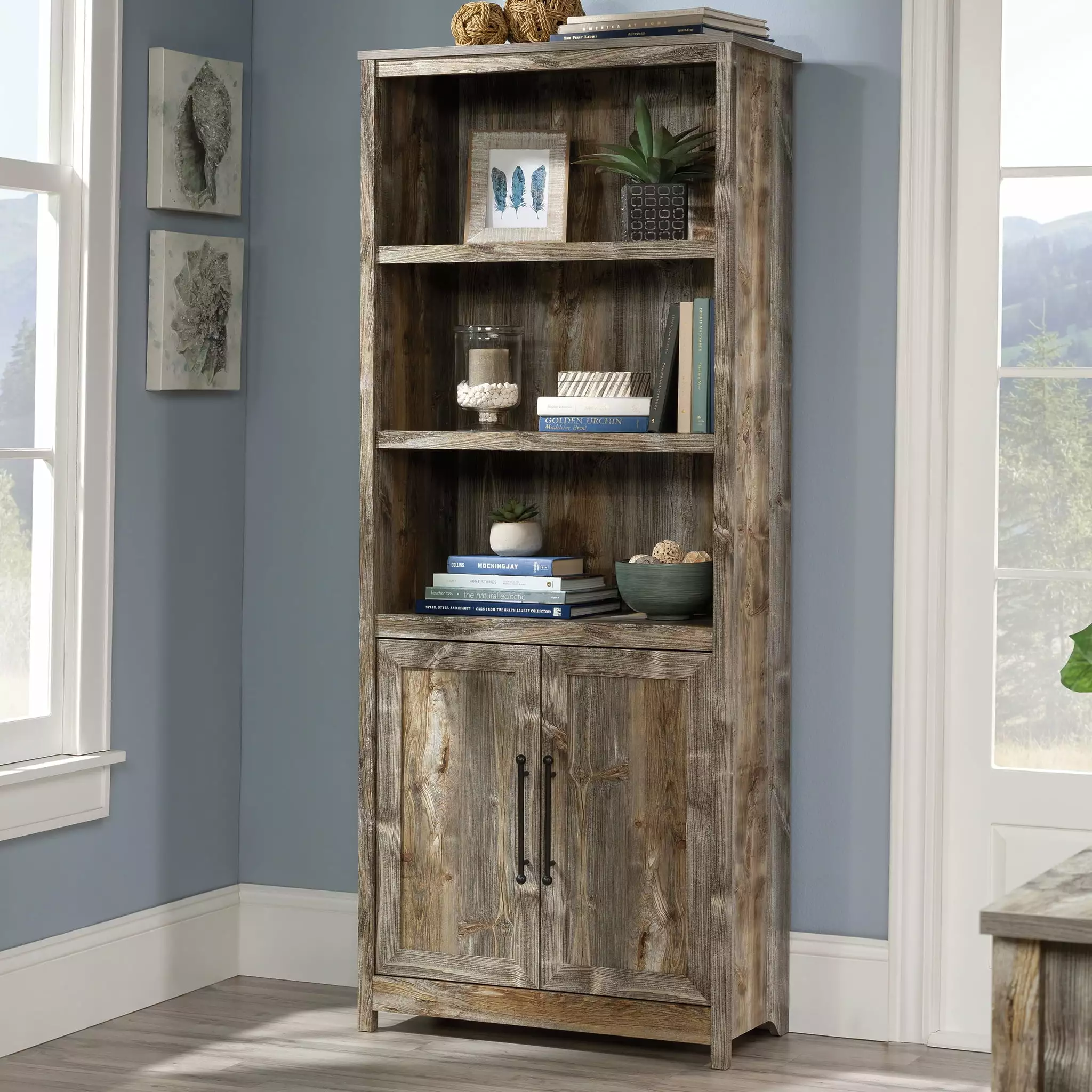 Sauder Granite Trace 5-Shelf Library Bookcase Bookcase. Rustic Cedar Finish