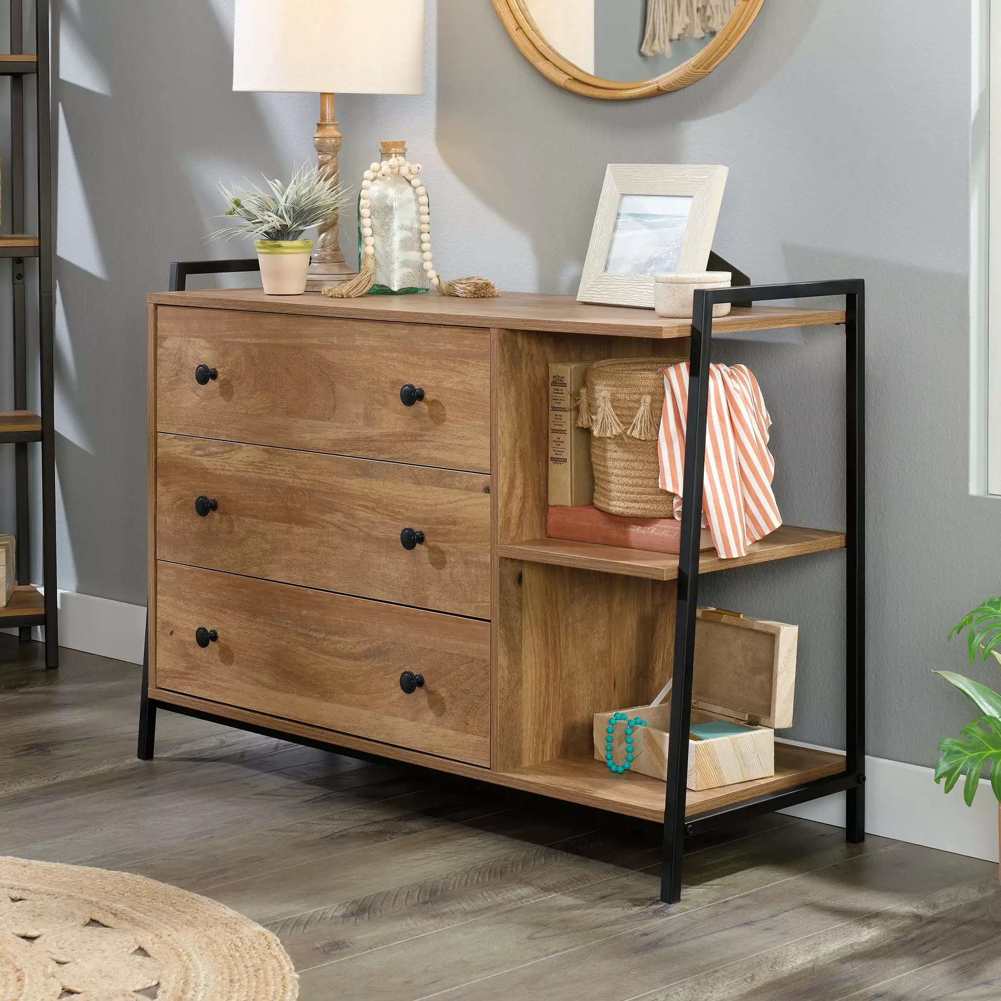 Sauder North Avenue 3-Drawer Dresser with Open Shelves. Sindoori Mango Finish